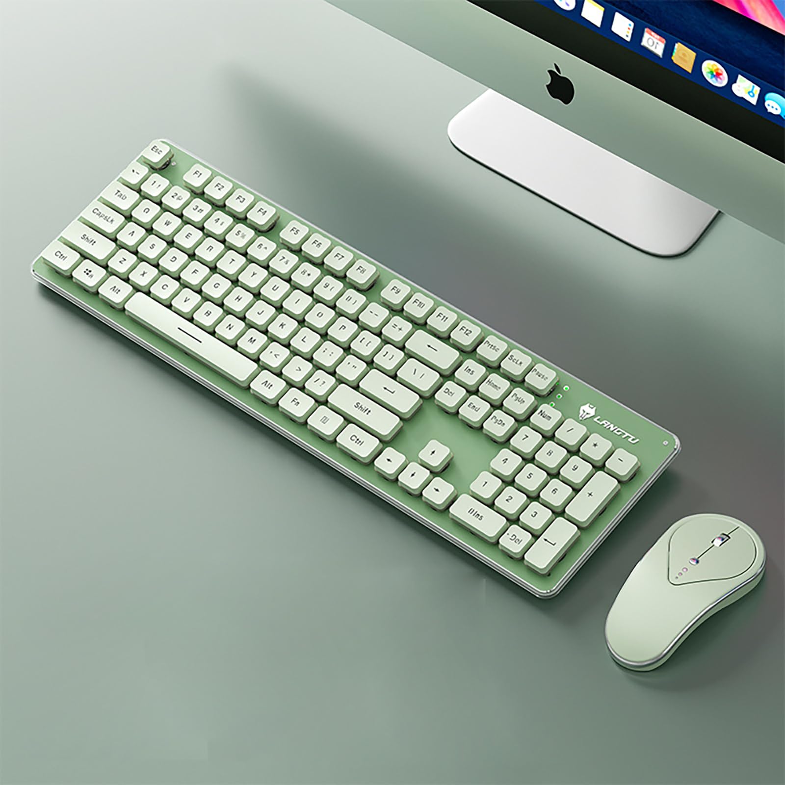 Wireless Keyboard and Mouse Combo, Rechargeable Metal Full Size Mute Keyboard and Ergonomic Mice, 2.4G Ultra-Thin Sleek Design for Windows Computer Desktop PC Laptop (Matcha Green with Warm Light)