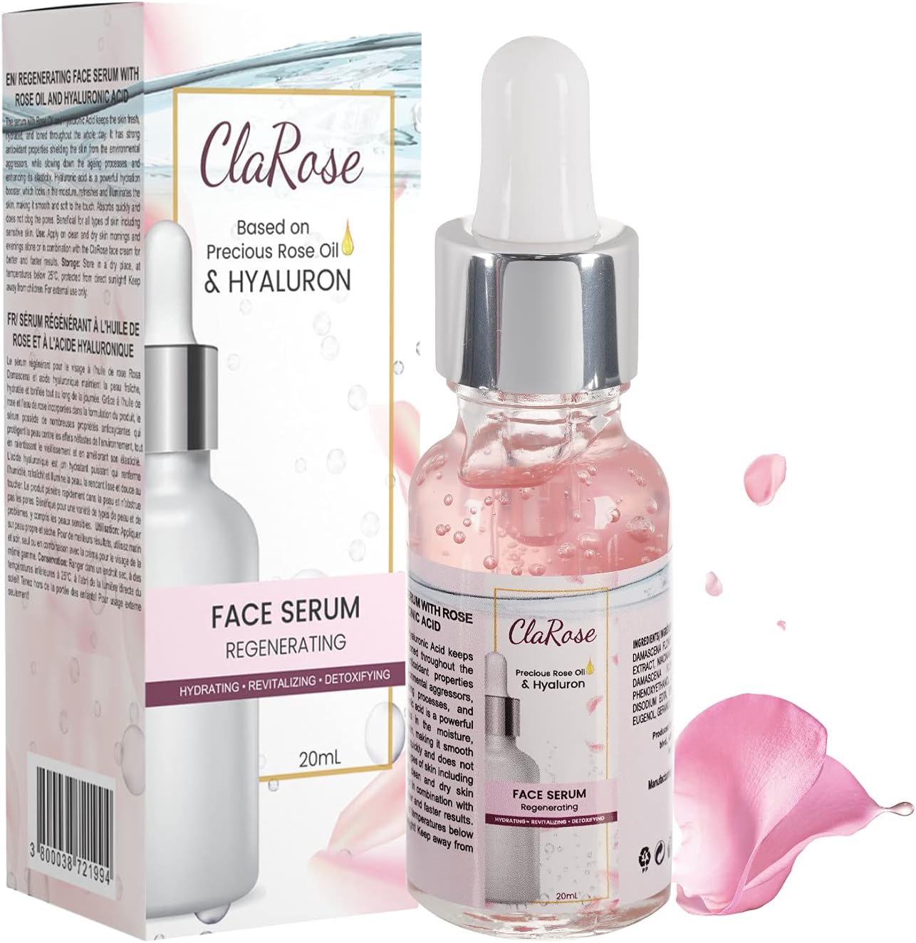 ClaRose Hyaluronic acid Anti-ageing Face Serum with Organic Rose oil and Retinol made with 97% natural ingredients, 30ml