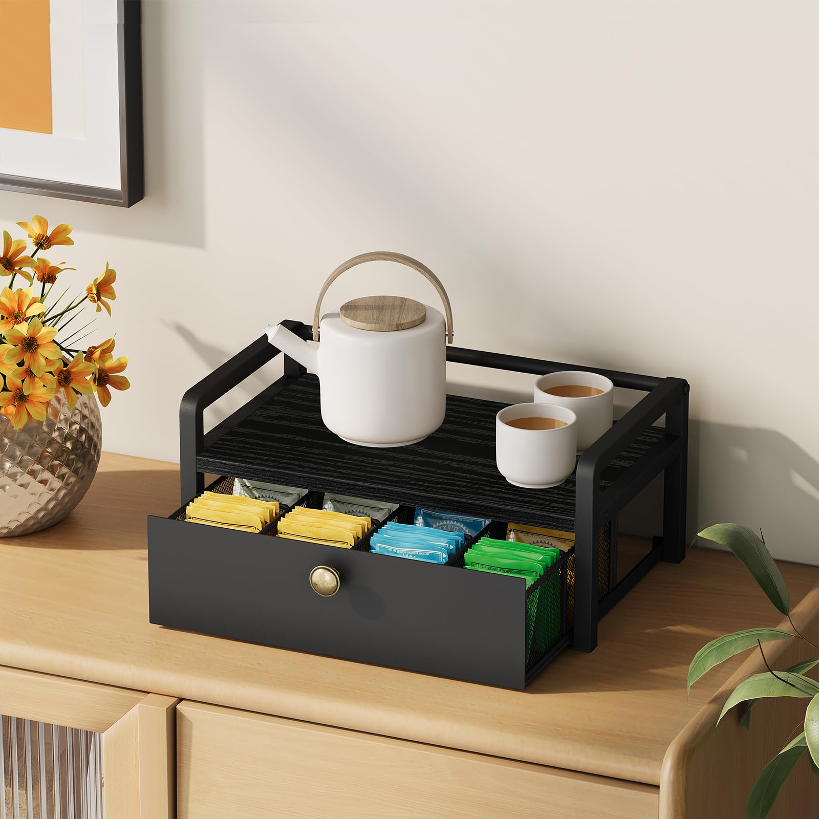YINMIT Boîte de rangement pour sachets de thé, avec tiroir à 8 compartiments | Boîte à thé en bois et métal et coffre de rangement, organisateur de station à thé pour comptoir de cuisine, noir