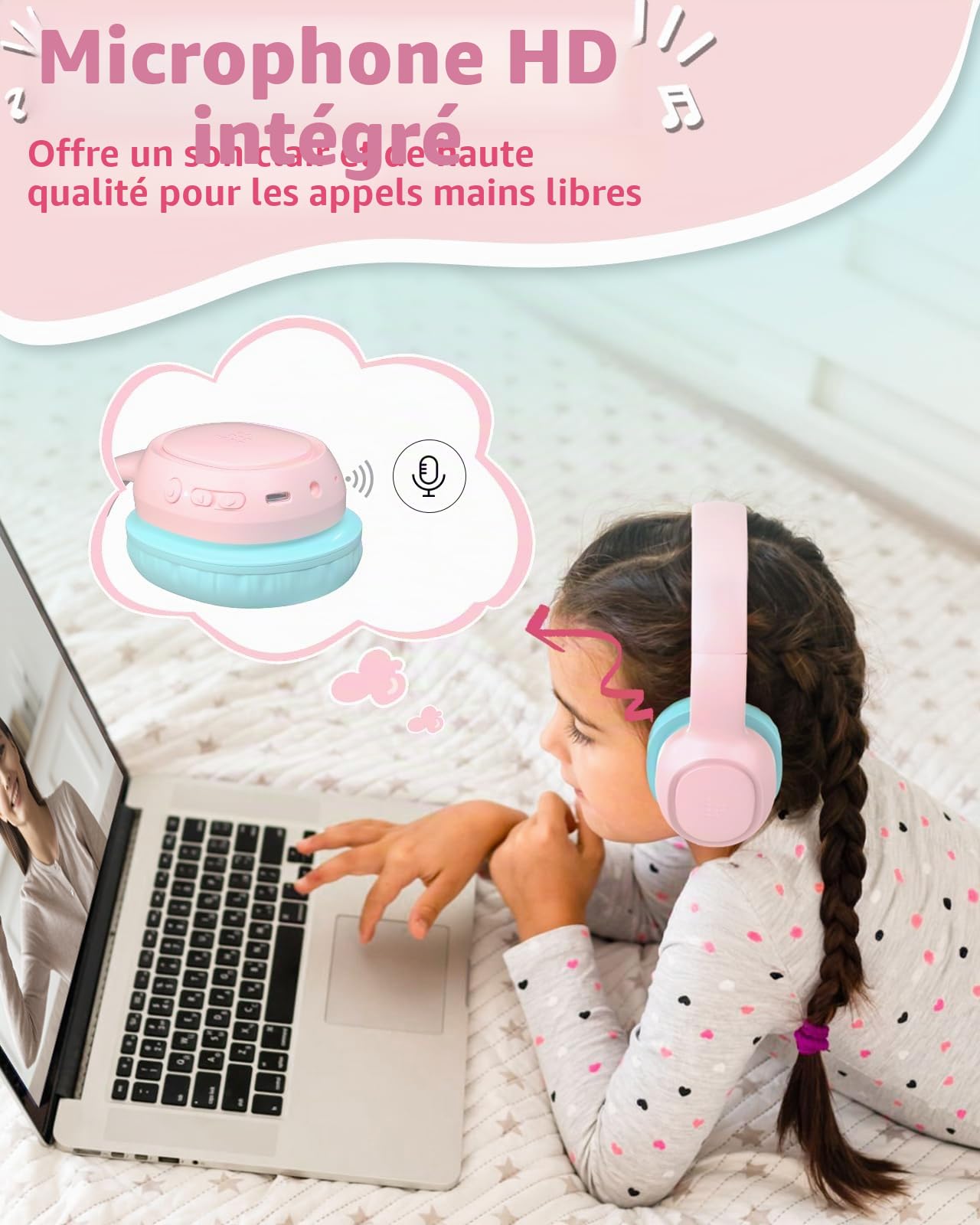 Tronsmart KH02 Casque Audio Enfant Bluetooth 5.3, Volume Limité 74/85/94 DB, Pliable, Microphone Intégré, pour Fille, Rose