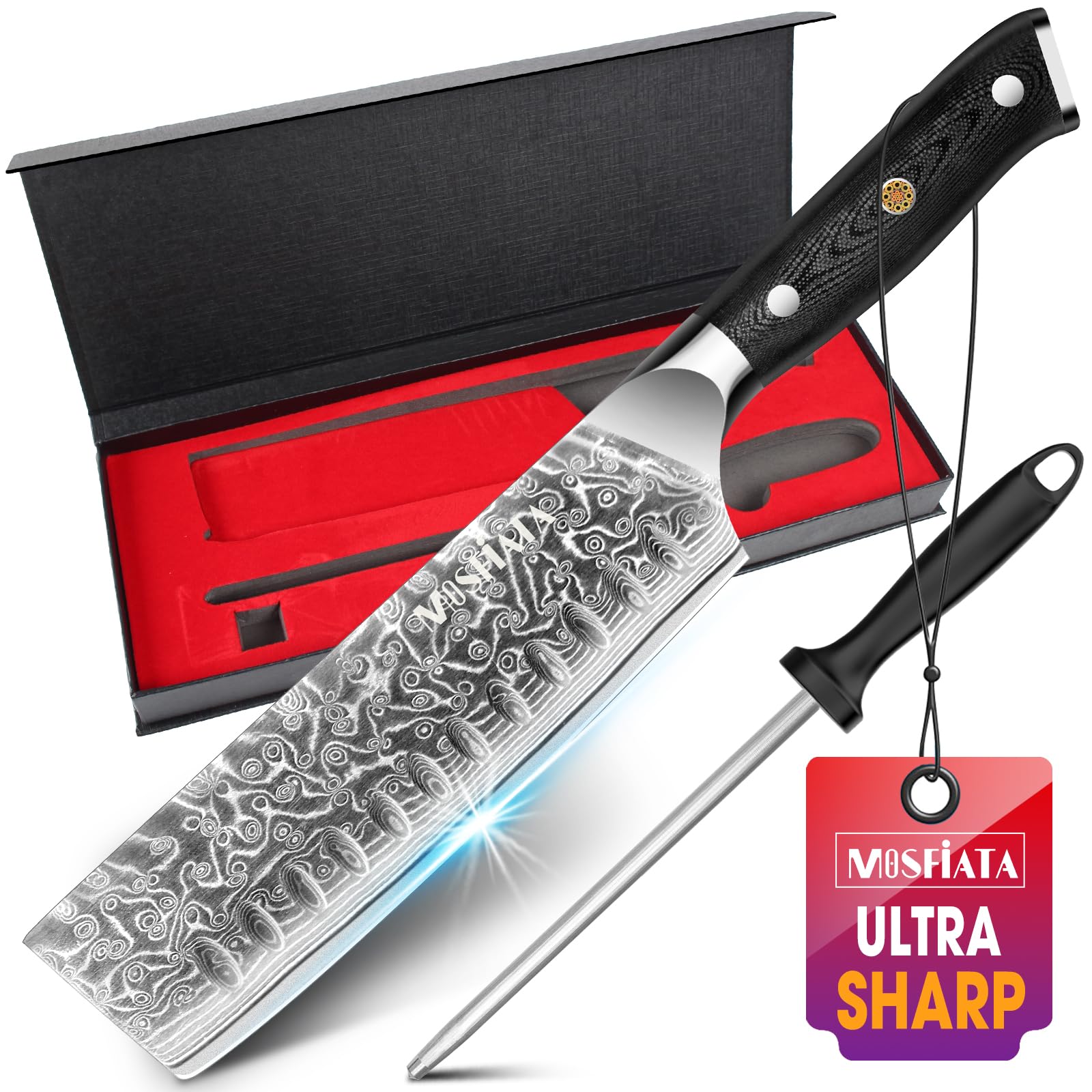 MOSFiATA Couteau Damassé Nakiri - 17,8 cm - Couteau de Chef - Acier Damassé - Tranchant comme un Rasoir - Protège-Doigts - Idéal pour la Cuisine