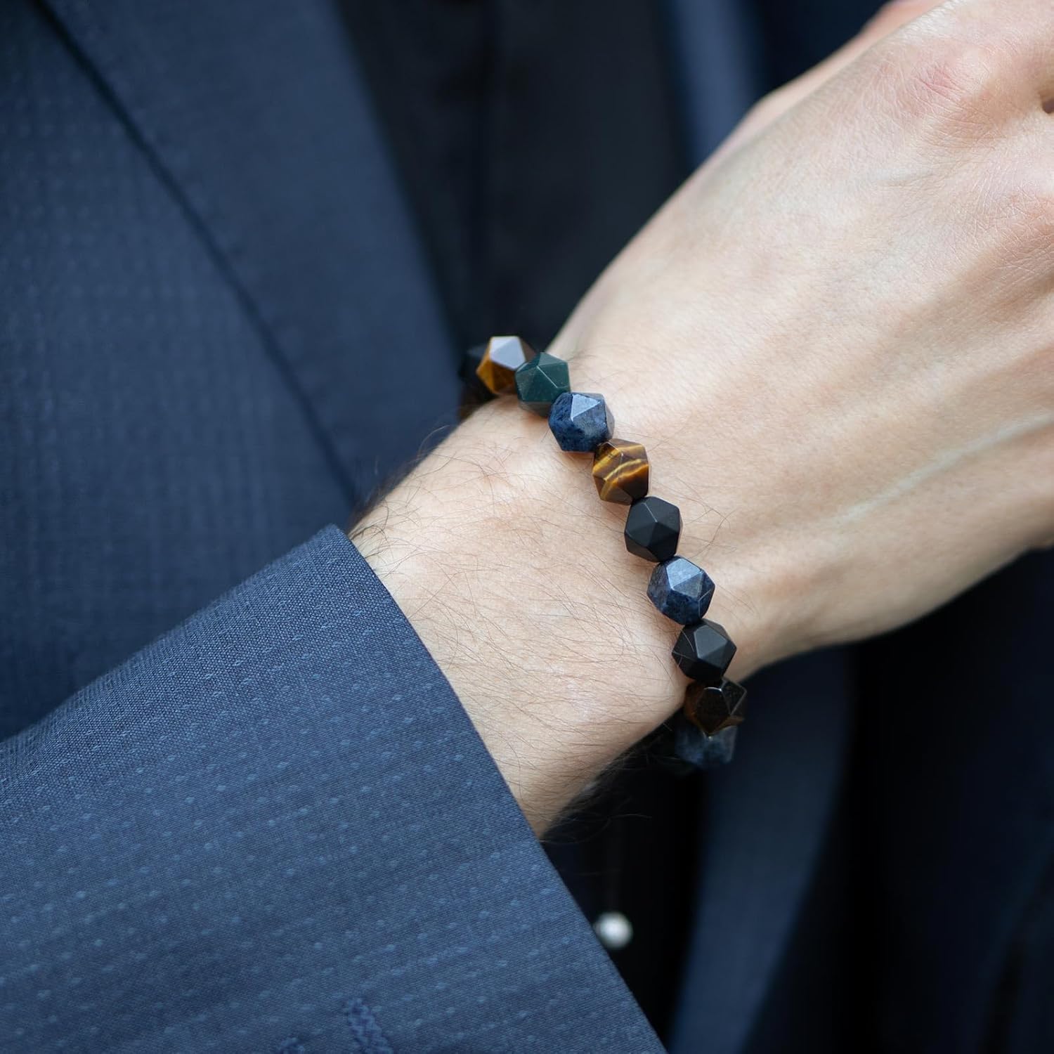 AWNL Men's Multicolored Beaded Bracelet for Men Natural Stones Tiger Eye Onyx Amethyst Silver Obsidian (10mm) Braided Spiritual Bracelet with Sterling Silver Closure Gift for Men, 6.1''-7.5'' - Image 5