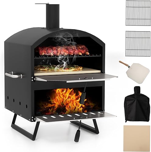 Miniatura 9 de Happygrill Horno de pizza al aire libre con 2 ruedas, termómetro integrado, piedra para pizza, cáscara de pizza, cubierta impermeable, calentador de
