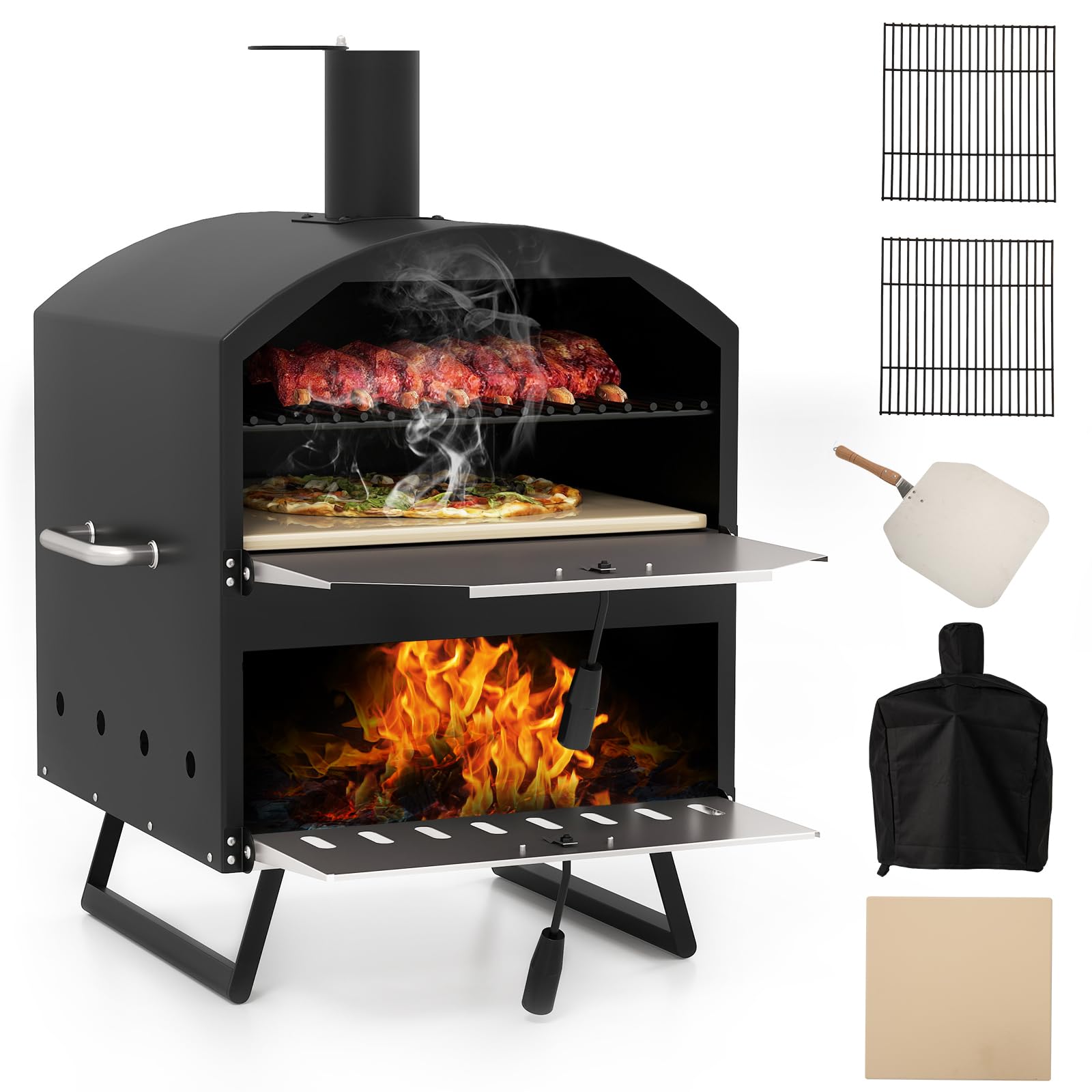 GYMAX Four à Pizza d'Extérieur à Bois avec Pierre de Cuisson 40,5cm, Température Max. 510°C, Barbecue