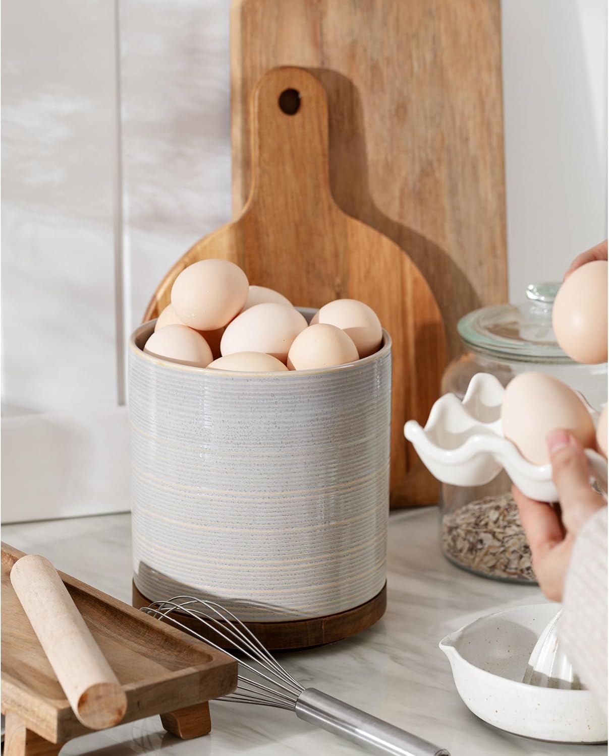 Utensil Holder, 360° Rotating Extra Large Ceramic Kitchen Utensil Holder for Countertop, 7.3“ Cooking Utensil Crocks for Kitchen Counter with Rotatable Wooden Base, Farmhouse Decor, Grey