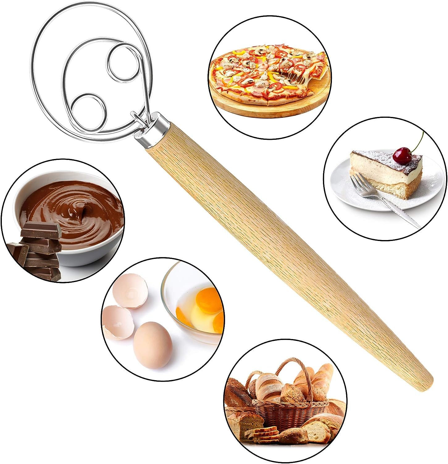 AGRUS Frusta danese per impasto, strumento per la preparazione del pane, gancio per impasto danese, grande frusta svedese in acciaio inox con manico in legno