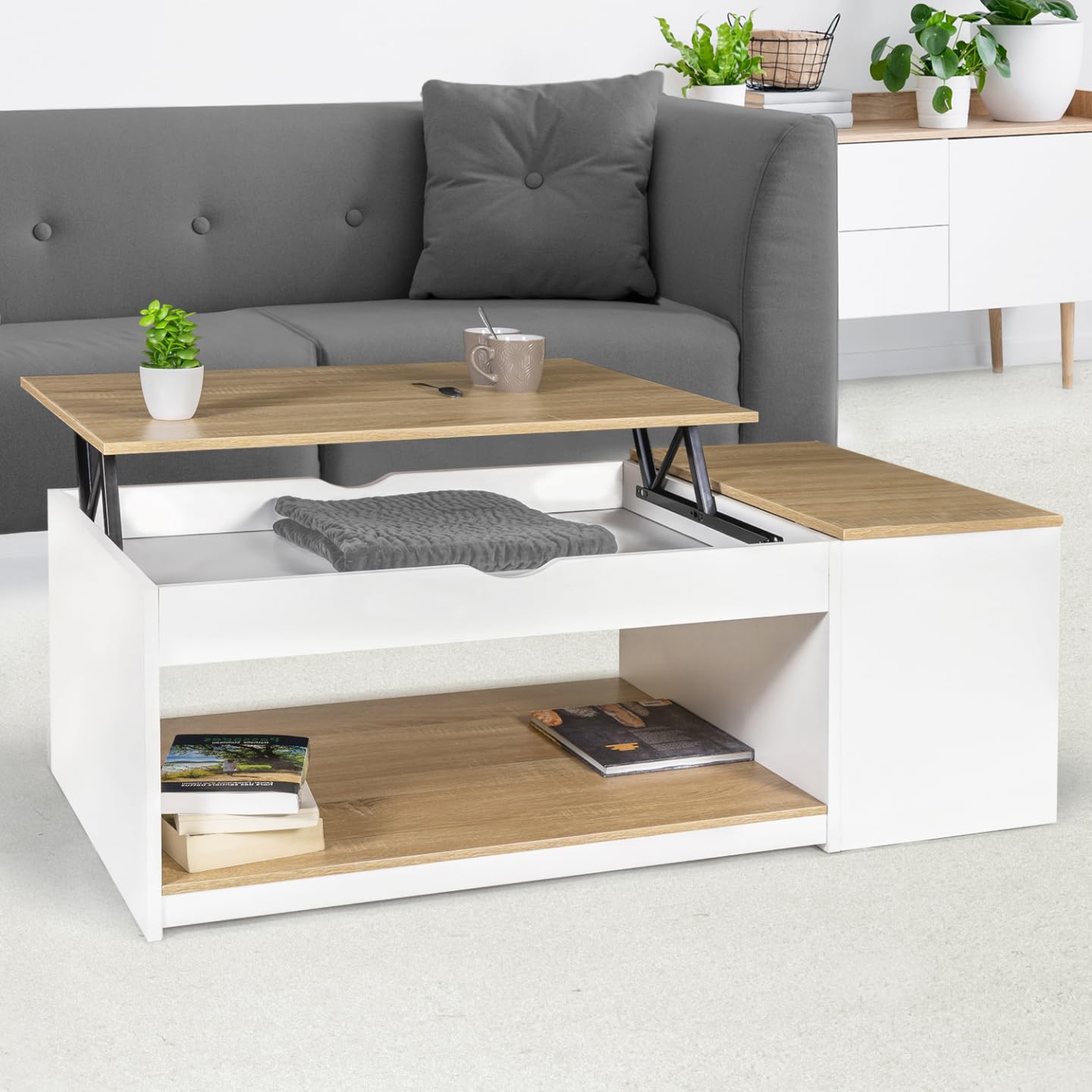 IDMarket - Table Basse Plateau relevable rectangulaire ELEA avec Coffre Bois Blanc et façon hêtre
