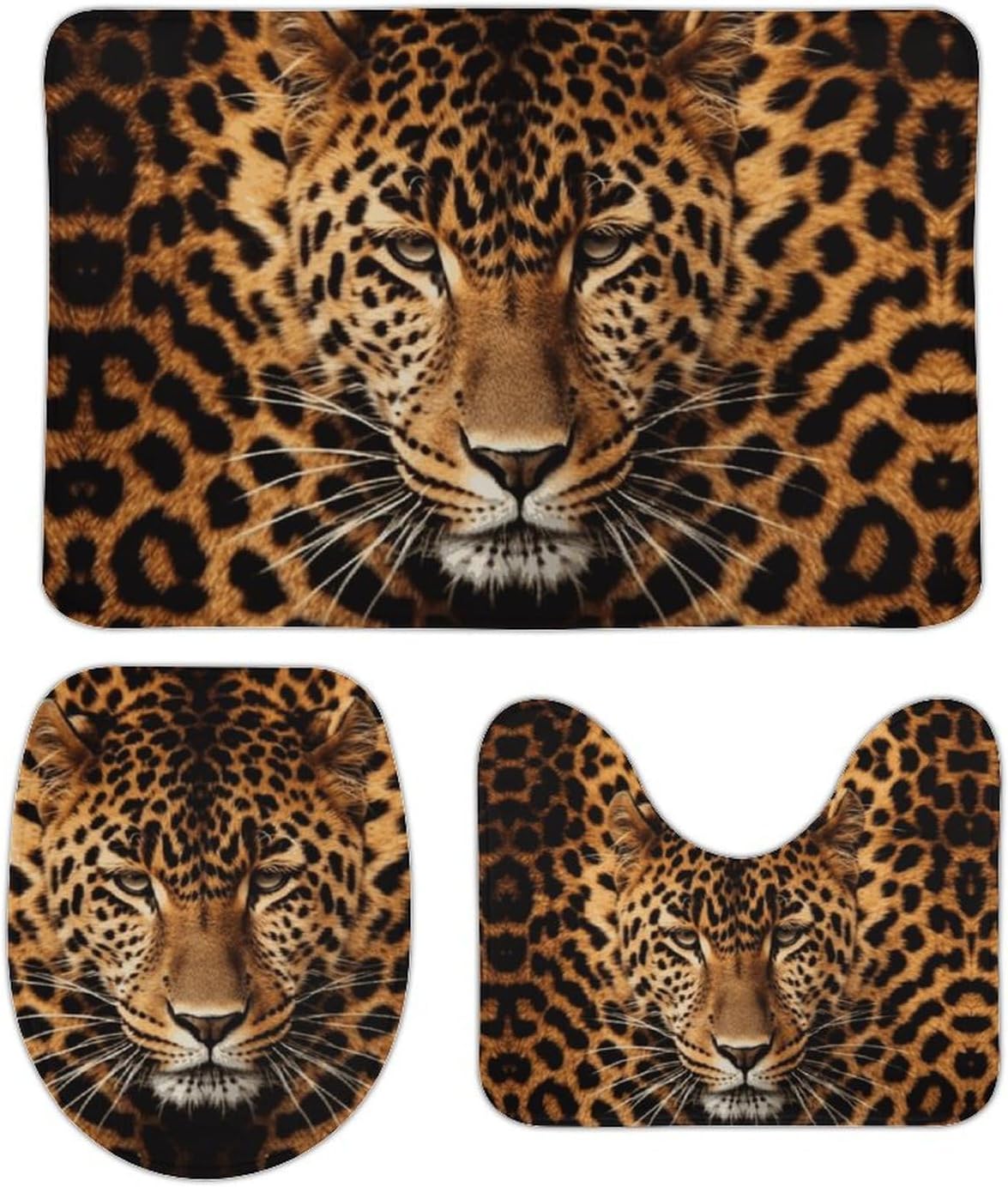 Anti-Skid Floor Mats 3 Piece Set,Depict A Leopard Printed Coral Fleece Bathroom Mats U-Shaped Contour Mat Toilet Seat Cover for Bathroom, Tub, Shower, Kitchen 19.7"x31.5"