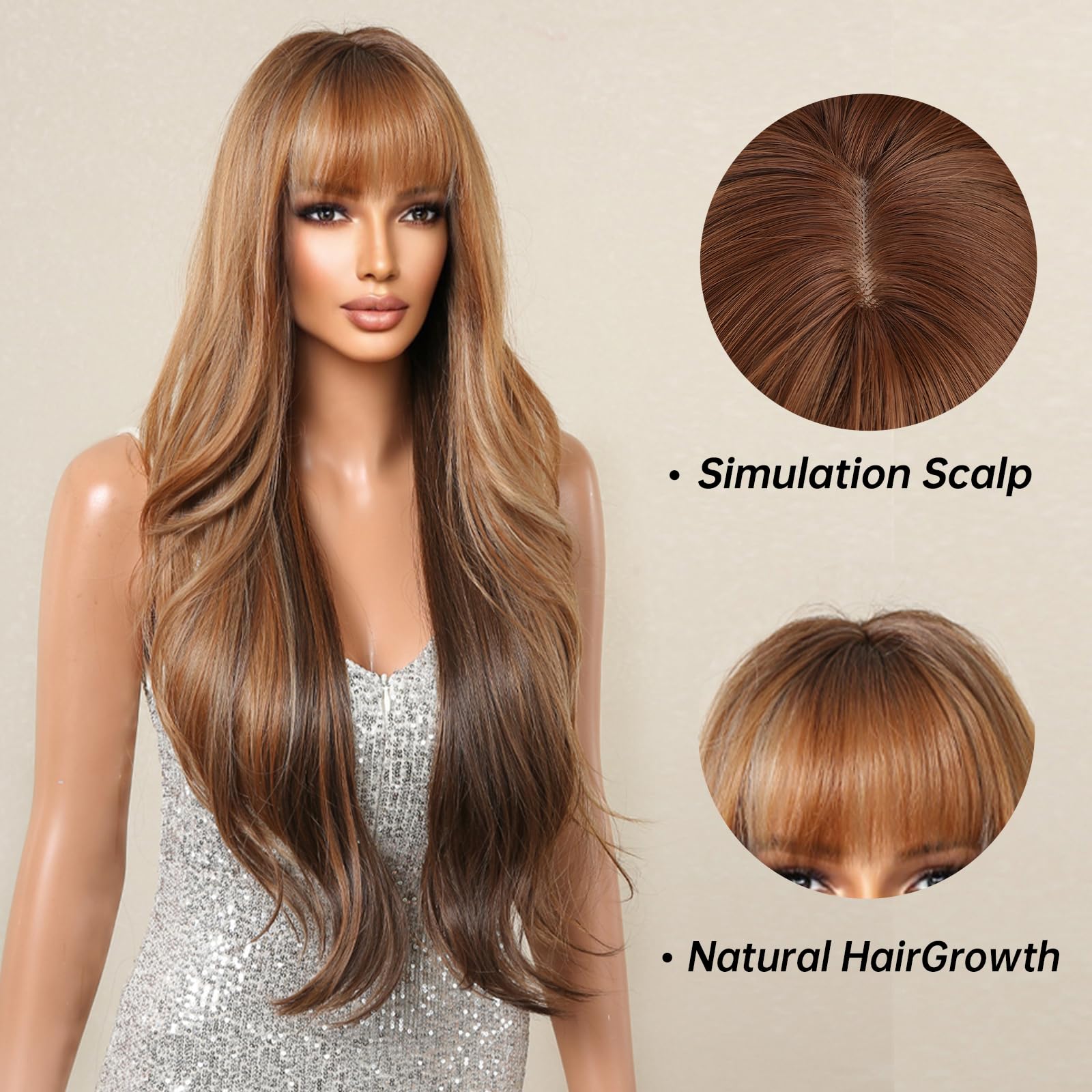 Women Cosplay Daily Natural Hair Wig Heat Resistant Fiber - Brown Mixed Blonde SHINYSHOW Long Straight Highlight Wig 26 Inch - Brown Mixed  main image 2