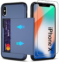 for iPhone X/iPhone Xs Case with Card Holder【2 Pcs HD Screen Protector】 Slim Heavy Duty Dual Layer Shockproof Design【Hidden Card Slot 】 Wallet Case for iPhone X/XS Phone Case-Blue