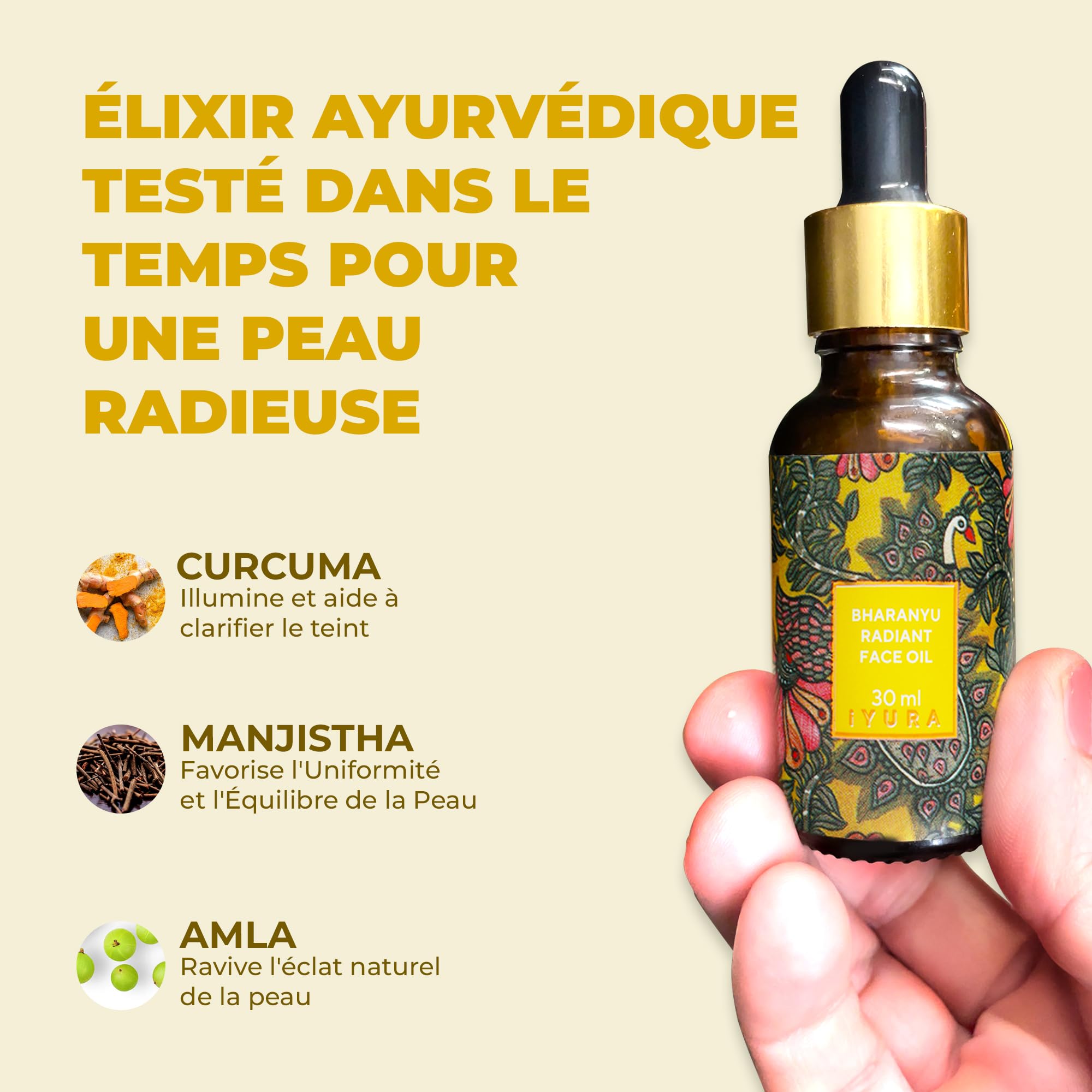iYURA Bharanyu Huile pour le Visage Éclatante – 100% Naturelle et Vegan | Illumine, Hydrate et Uniformise l'Aspect des Peaux Endommagées par le Soleil | À base de Curcuma et d'Amla | 30 ml