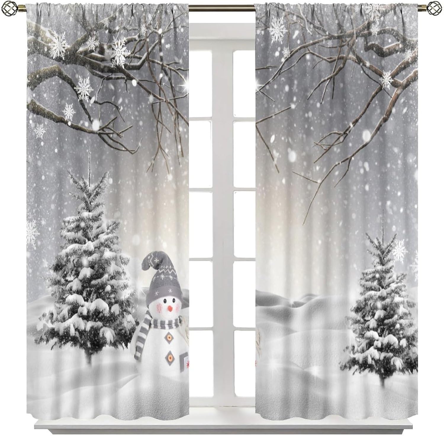 JESTRONRY Winter Christmas Curtains, Cute Snowman Winter Snowflake Scene Tree Branch Covered Snow Treatment Fabric Bathroom Curtains,Living Room Bedroom Window Drapes 52x84in