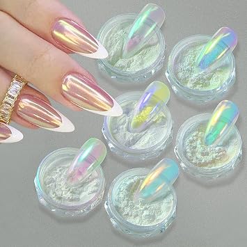 6Pcs Unicorn Chrome Nail Powder Kit Aurora Glass Effect Clear Chrome Powder for Nails Pearl Nail Art Glitter Pigment Mermaid Chrome Nail Powder for Salon DIY Nail Designs Supplies