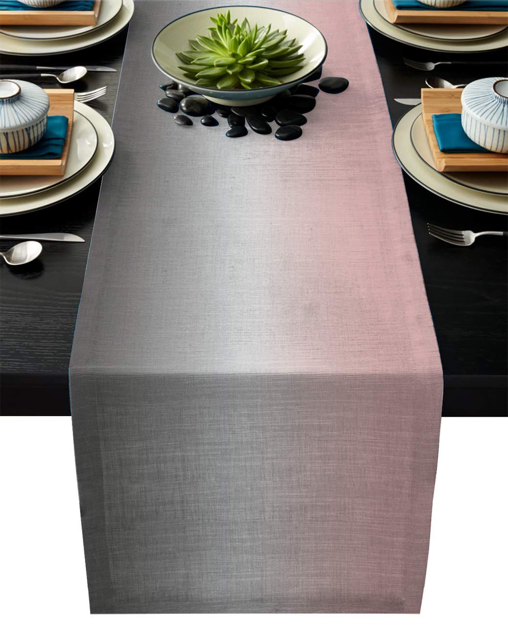 LeoHomeOmbre Cotton Linen Rectangle Table Runners 18''x72'', Gradient Pink and Grey Luxury Table Runners for Wedding Party Banquet Dinner Decor