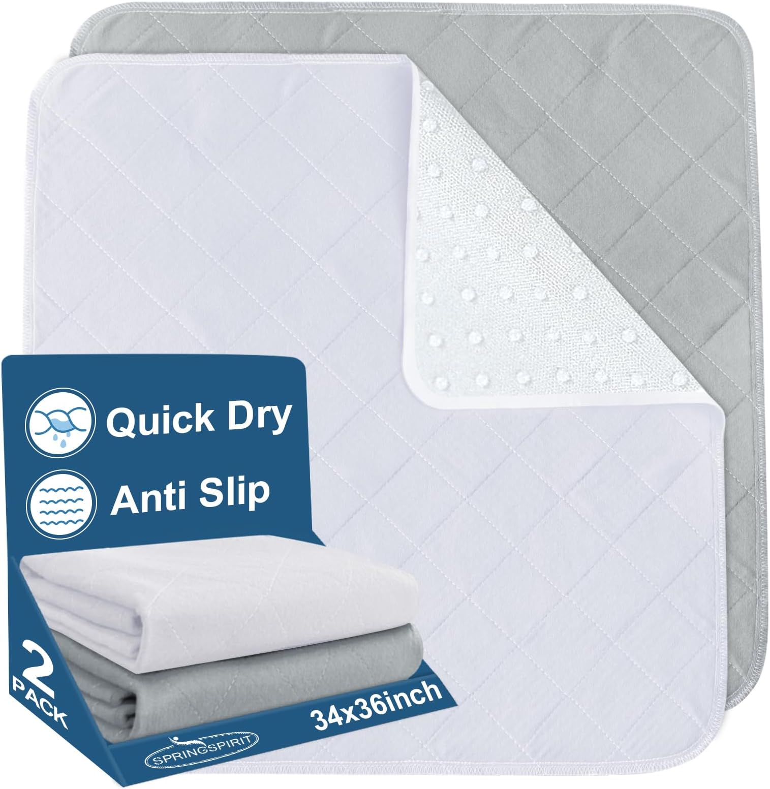 Bed Pads Washable Waterproof(2 Pack, 34 x 36), Washable and Reusable Pee Pads Anti Slip Incontinence Underpad Sheet Protector for Adults, Elderly, Kids, Toddler and Pets, White and Gray