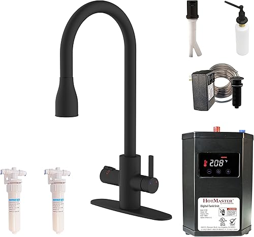Westbrass KH41AKC-62 HotMaster - Kit de grifo de cocina 4 en 1 con tanque de agua caliente instantáneo DigiHot, sistema de filtro, espacio de aire,