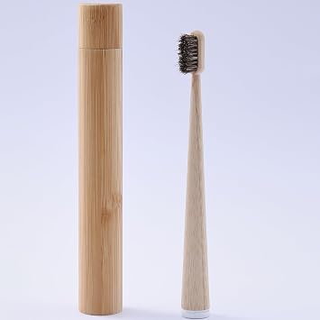 Horse Hair Toothbrush with Bamboo Travel Case, Natural Bristle Bamboo Handle Tooth Brush Set for Adults, Soft Bristles for Sensitive Gums, Zero Plastic Travel and Home Bathroom Kit