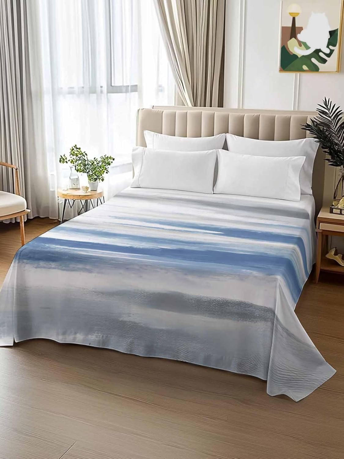 Top Sheet Full Bedding Flat Sheet Only, Blue Gradient Oil Painting Art Microfiber Bed Sheets Soft Breathable Bedding Flat Sheets, Ombre Gray Stripes Hotel Luxury Top Sheets