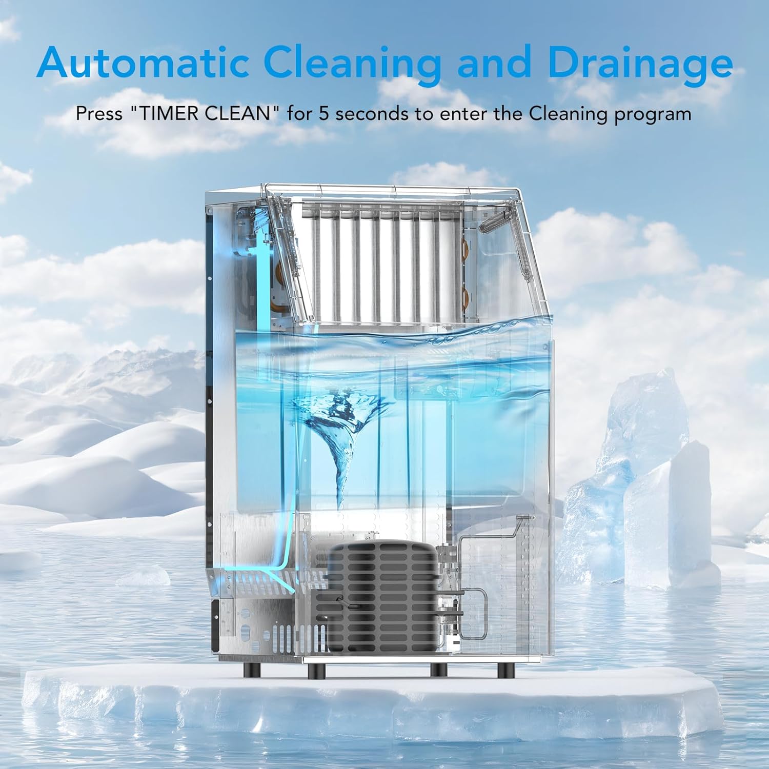 COWSAR Commercial Crescent Ice Maker Machine 120Lbs/24H, Ready in 12Mins, Undercounter Ice Makers with 26Lbs Storage Capacity, Self-Cleaning Freestanding Crescent Ice Machine for Whiskey/Coffee/Drinks