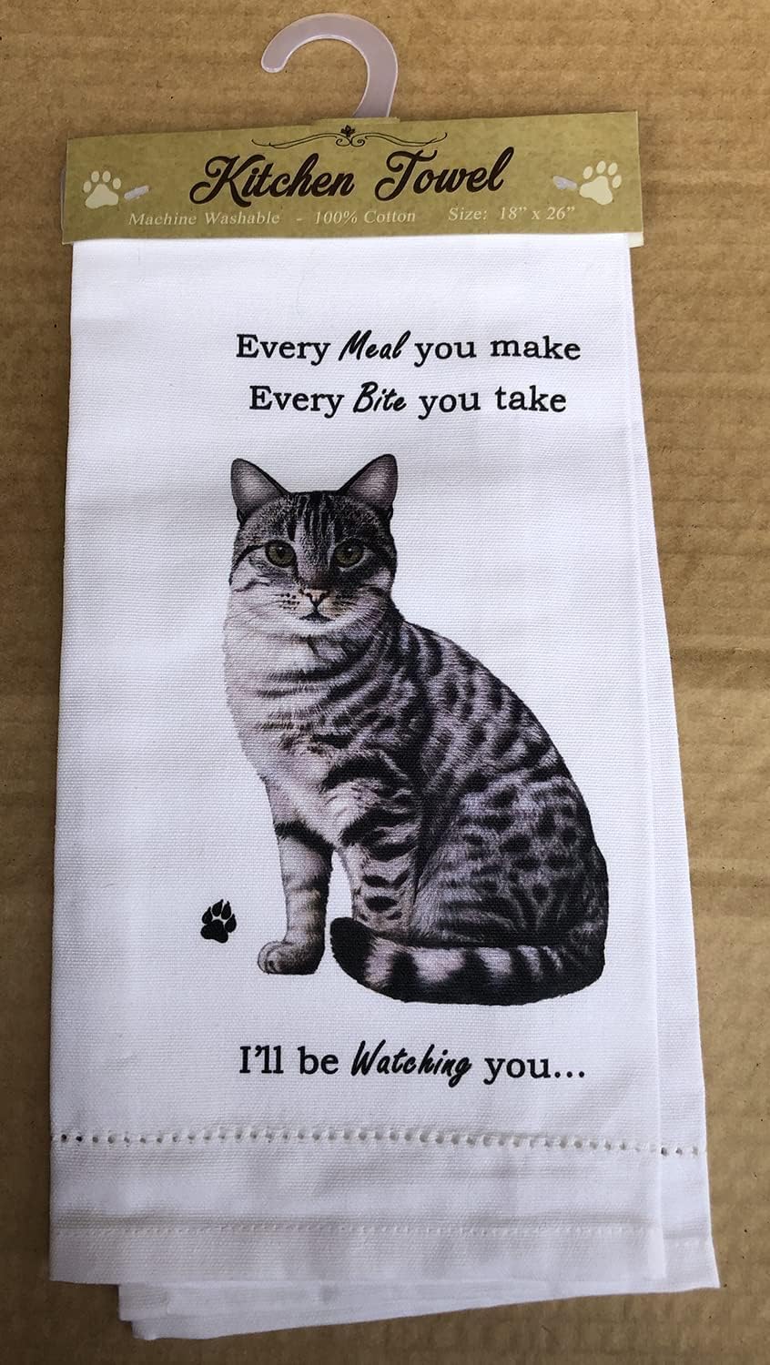 E&S Pets 715-9 Silver Gray Tabby Cat Kitchen Towel, Off-white