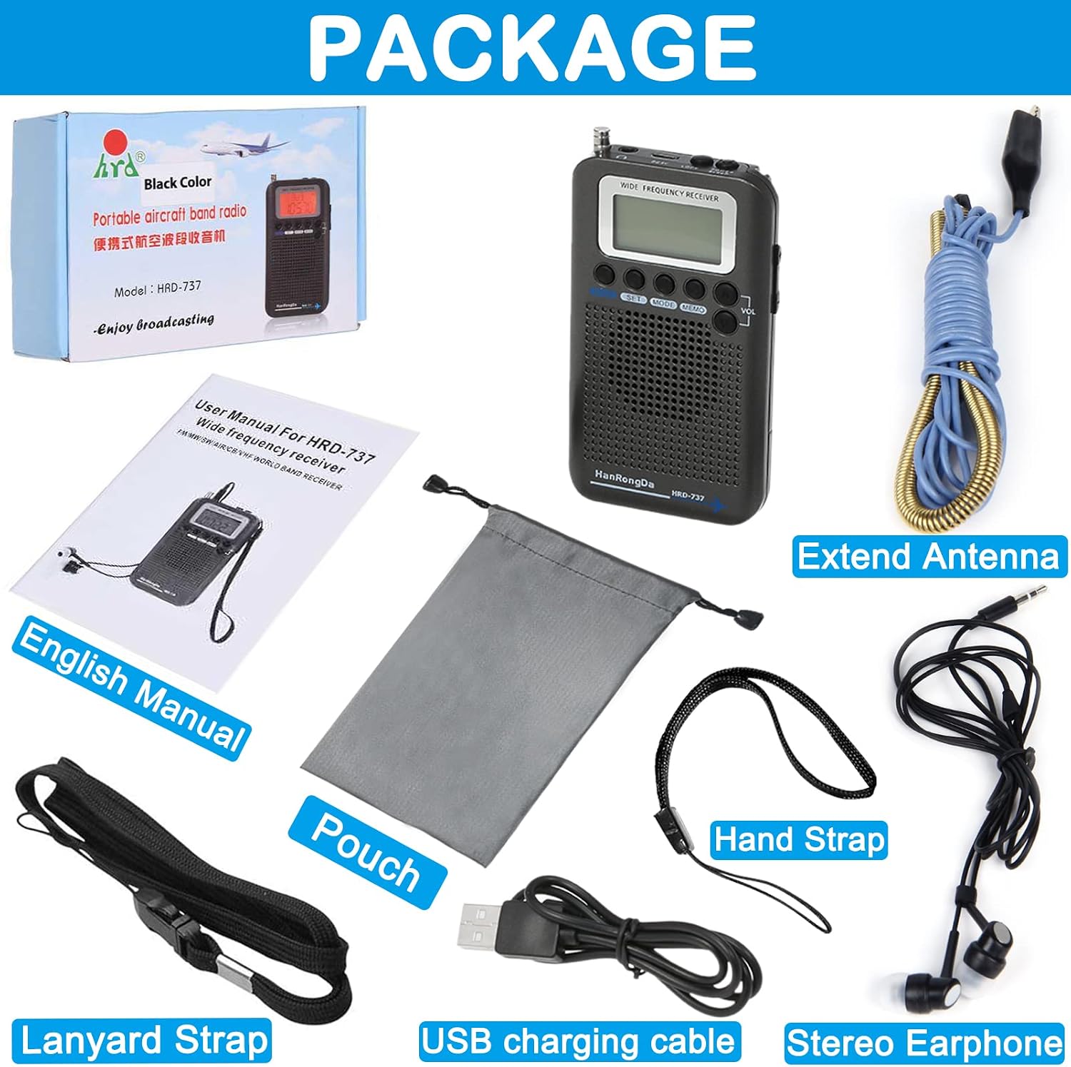 CB Radio Portable VHF FM AM Shortwave with Speaker and Backlit, Air Band Receiver with Extend Antenna and 700mAh Battery, Full Band Digital Radios with Alarm Clock and Sleep Timer HRD-737