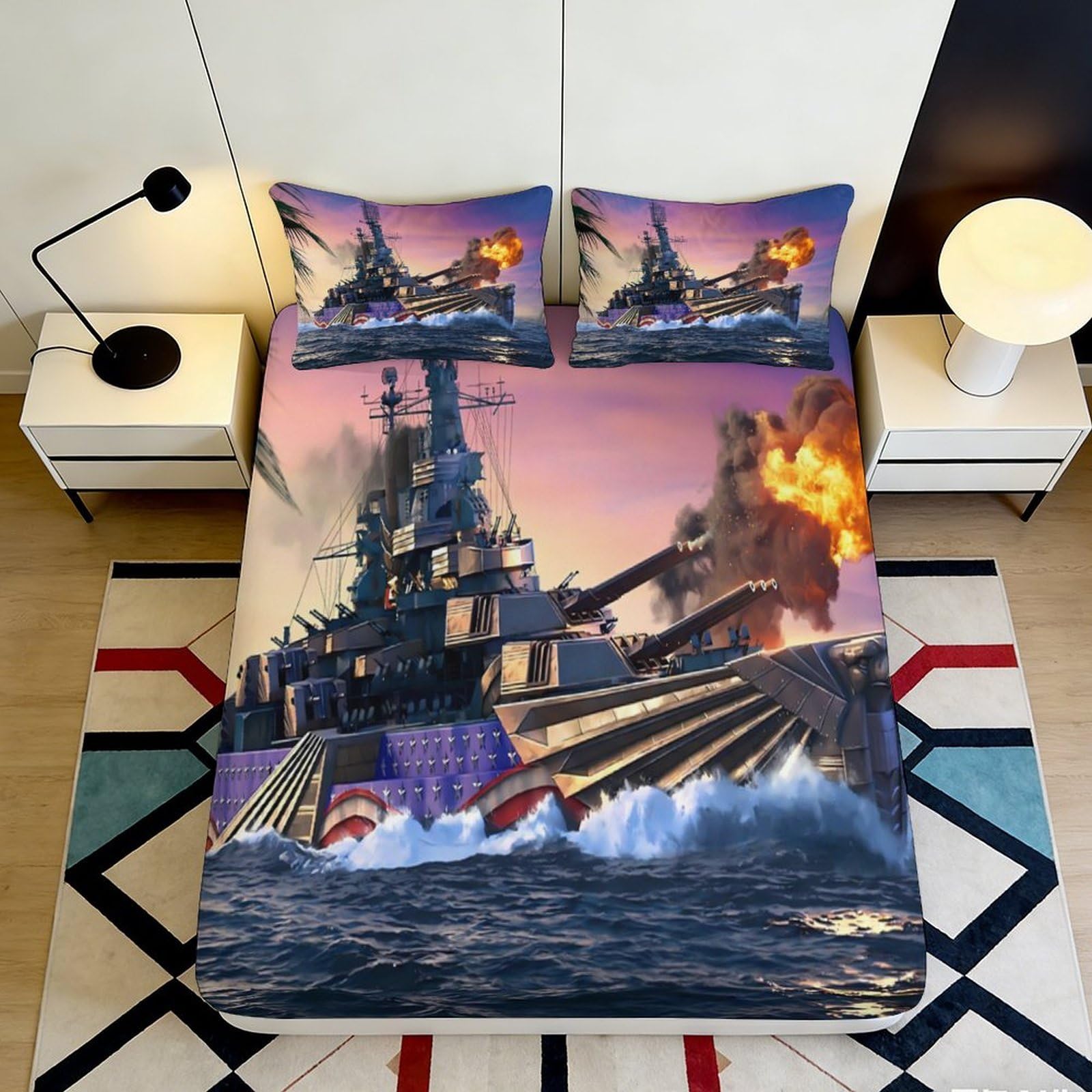 3D Printed Battleship Fitted Sheet Microfiber Durable 3D Warship Mattress Cover for Bedroom Dormitory Guest Room Bed Protection Decor 90x200x25cm