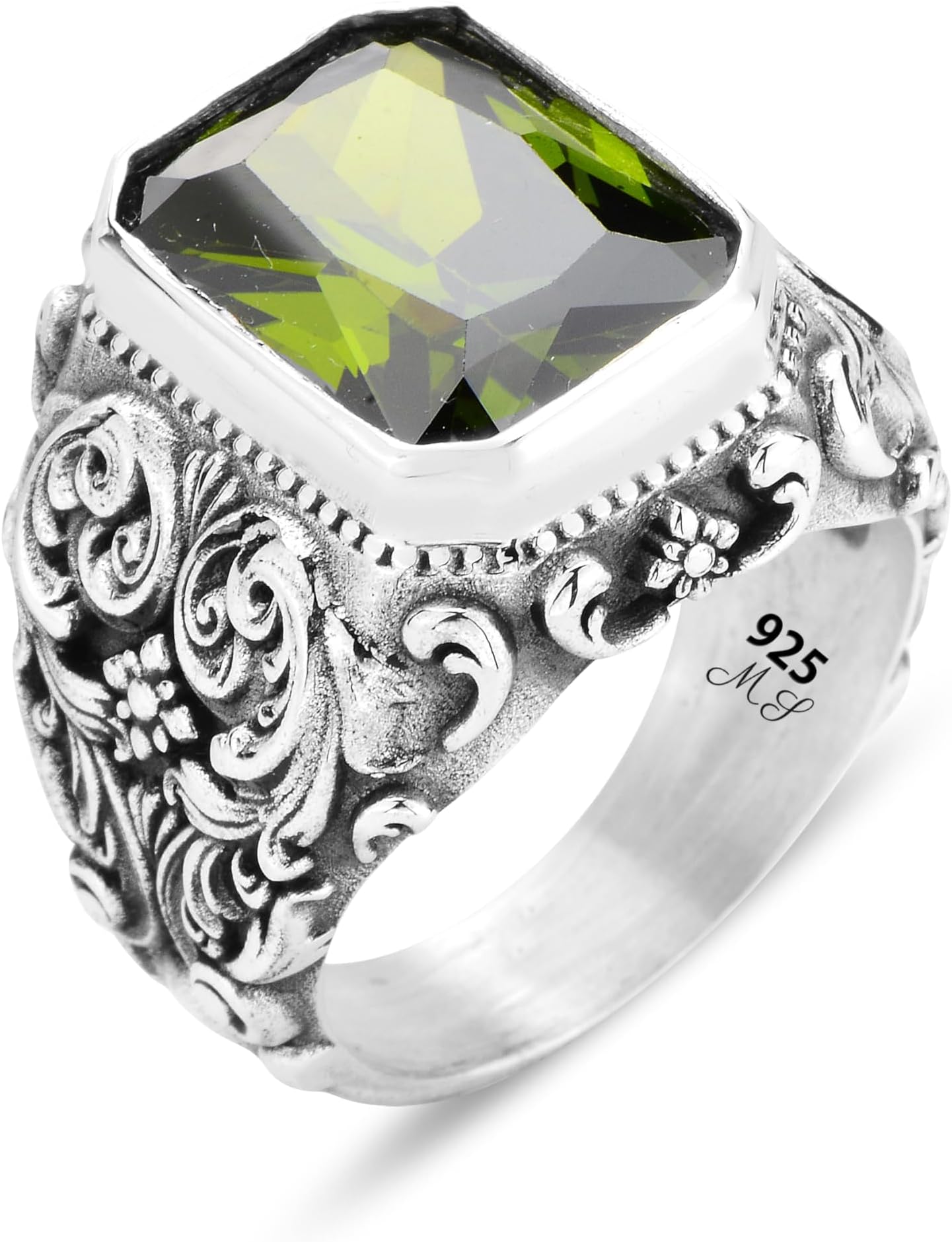 Men Silver Peridot Gemstone Ring, Handmade Engraved Men Ring, Ottoman Men's Ring, Green Peridot Signet Ring, 925k Silver
