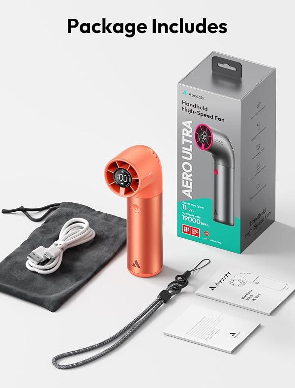 Aecooly Portable Handheld Fan, Powerful Turbo Mini Fan, 19000 RPM High Speed Aero Ultra, 15H Max Cooling Time, 7 Speeds Aluminum Case,Pocket Rechargeable Personal Small Travel GIfts for Women-Orange by Aecooly - Image 8