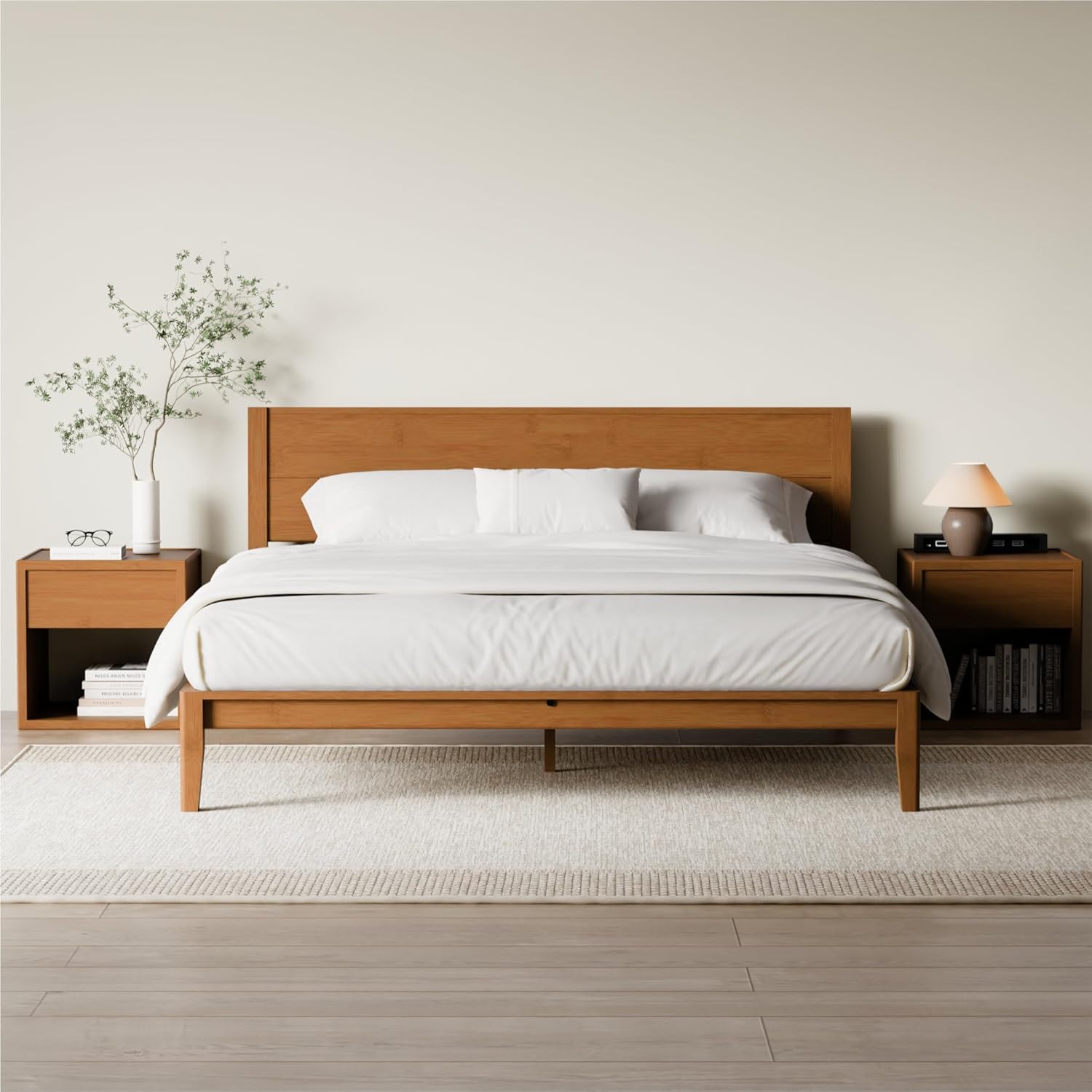 RECCI King Japanese Joinery Platform Bed Frame, Mid-Century with Tall Headboard, Noise-Free Solid Bamboo Wood Sustainable, Sturdy Slat Support with Heavy Duty, Tool-Free Assembly, 10-Inch Storage