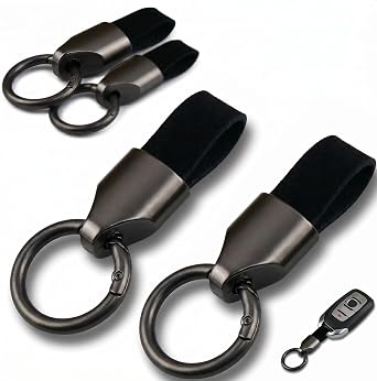4Pcs Car Key Chain Clip, Titanium Black Zinc Alloy Buckle with Leather Strap, Detachable Key Fob Holder, Key Ring