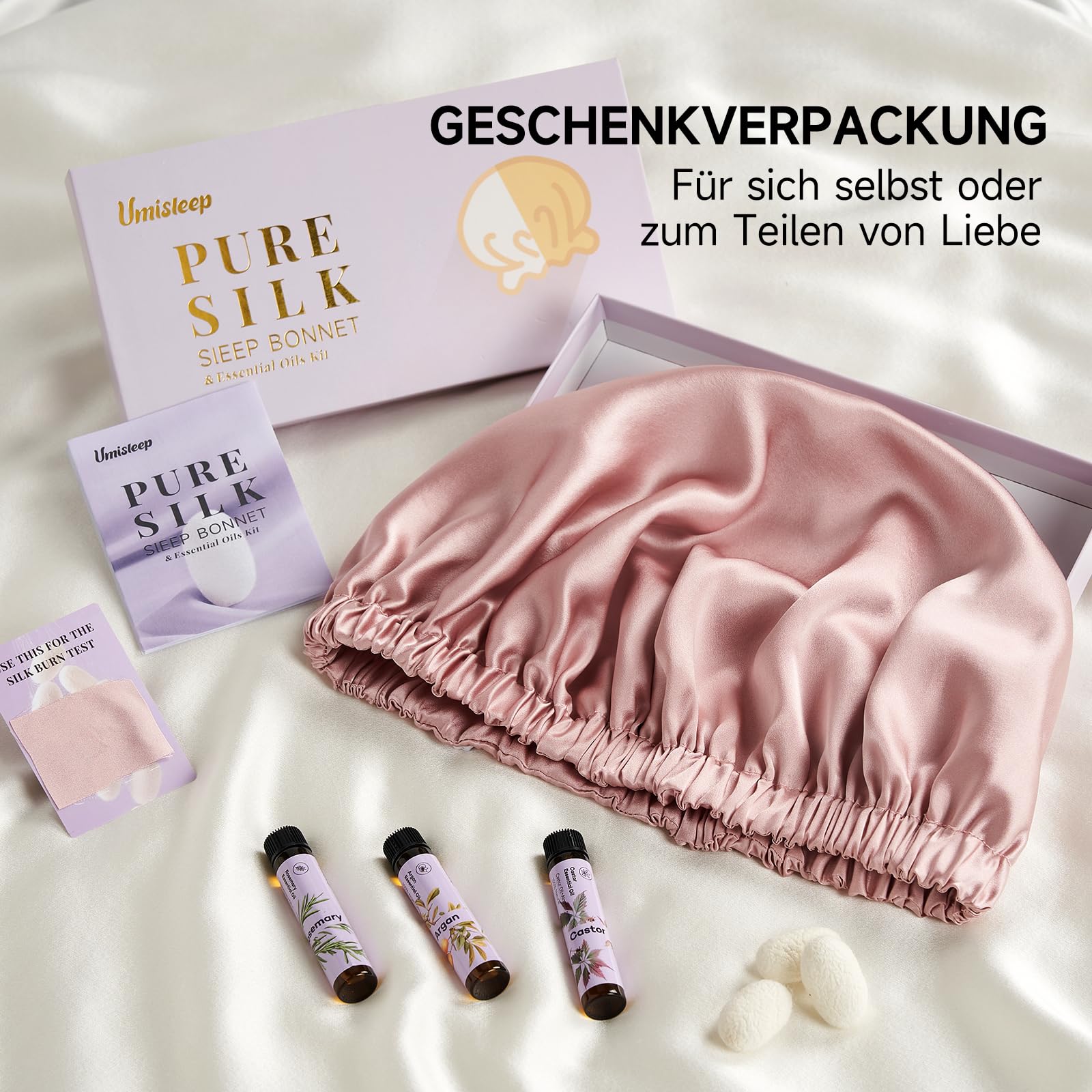 Umisleep 22 Momme Seidenhaube & Haaröl-Duo – Haarpflegeset: 100% Maulbeerseide zum Schlafen, atmungsaktiv, verstellbar mit Gummiband, 3 x 10 ml reines Haaröl (Rosmarin-, Rizinus- und Arganöl)