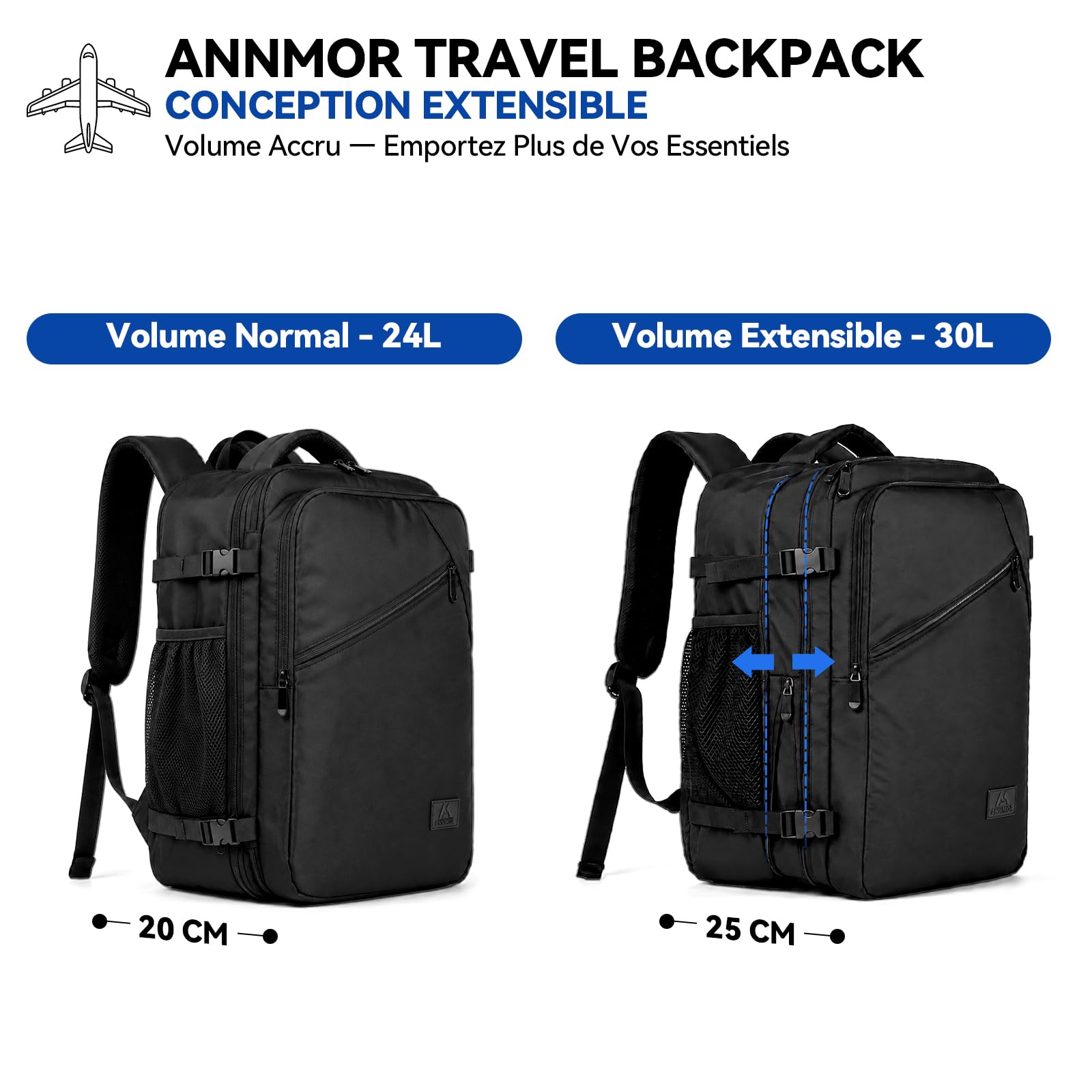 Sac a Dos Voyage Cabine Avion, 24L Sac a Dos Cabine Avion 40x30x20, Extensible jusqu'à 30L Conforme Air France, Ryanair, Compartiment Ordinateur 15,6 Pouces & Port USB Pour Voyages - Noir