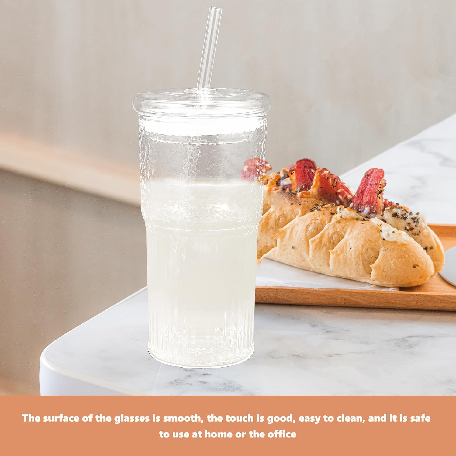 Cabilock Glass Milk Tea Cup with Lid and Straw 570ml Large Capacity