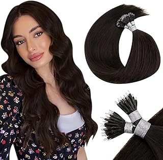 LaaVoo 18 Inch Nano Micro Loop Real Hair Extensions Darkest Brown Human Hair Nano Ring Hair Extensions for Women Nano Micro Link Human Hair Extensions 50strands 50gram Nano Remy Hair Extensions