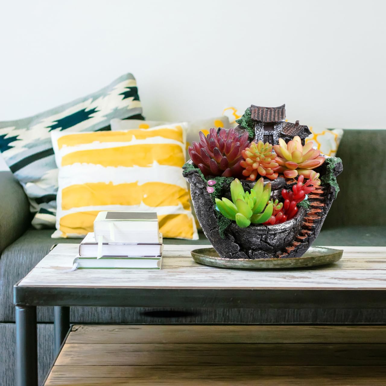 OUNONA Plant Pot, Mini Garden Pot Container Fairy Garden Pot with Sweet House Tabel Decor for Home Office Living Room (Silver)