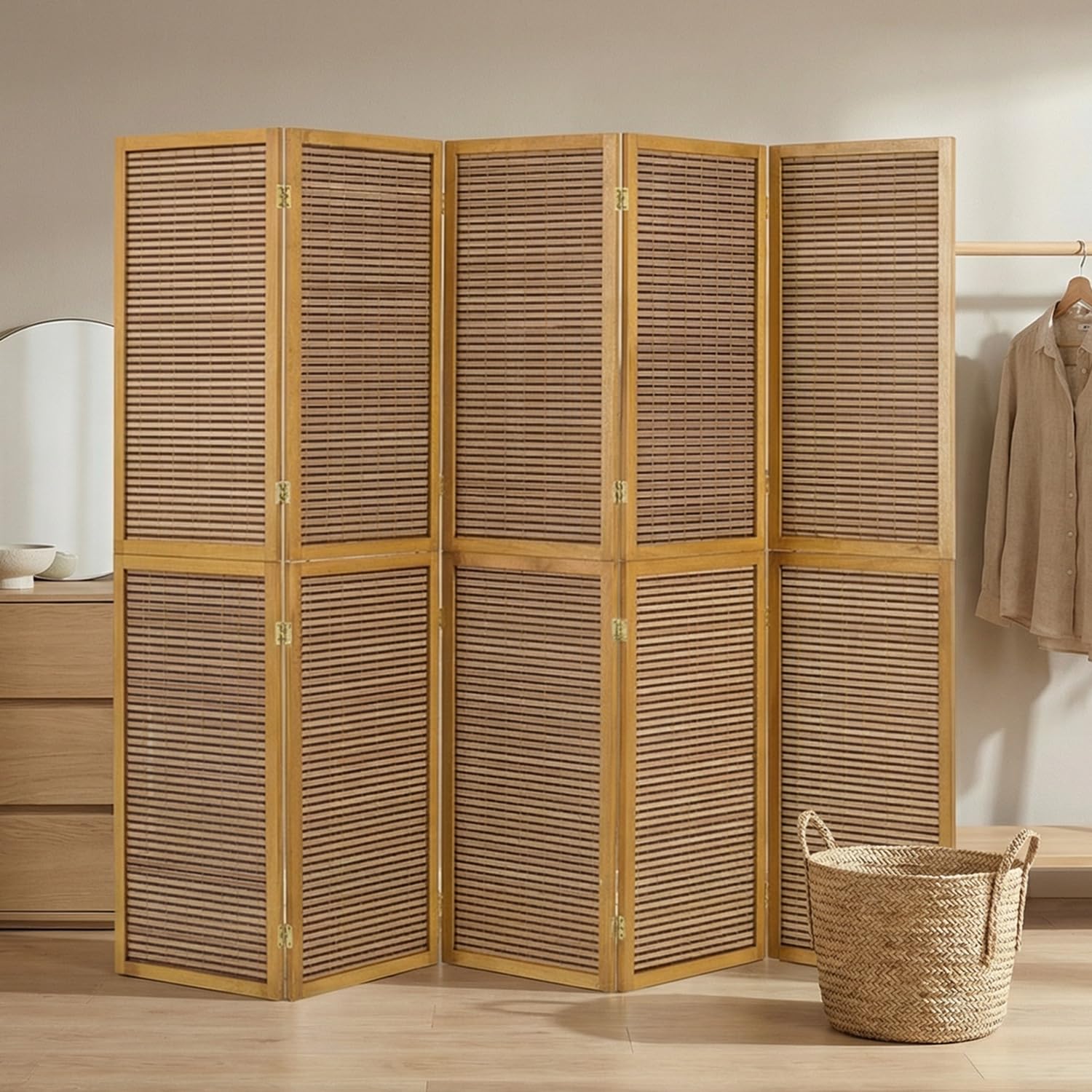5 pan diviseur de pièce écran Pliant - diviseur de Shoji Bois avec du Bambou en Brun Clair