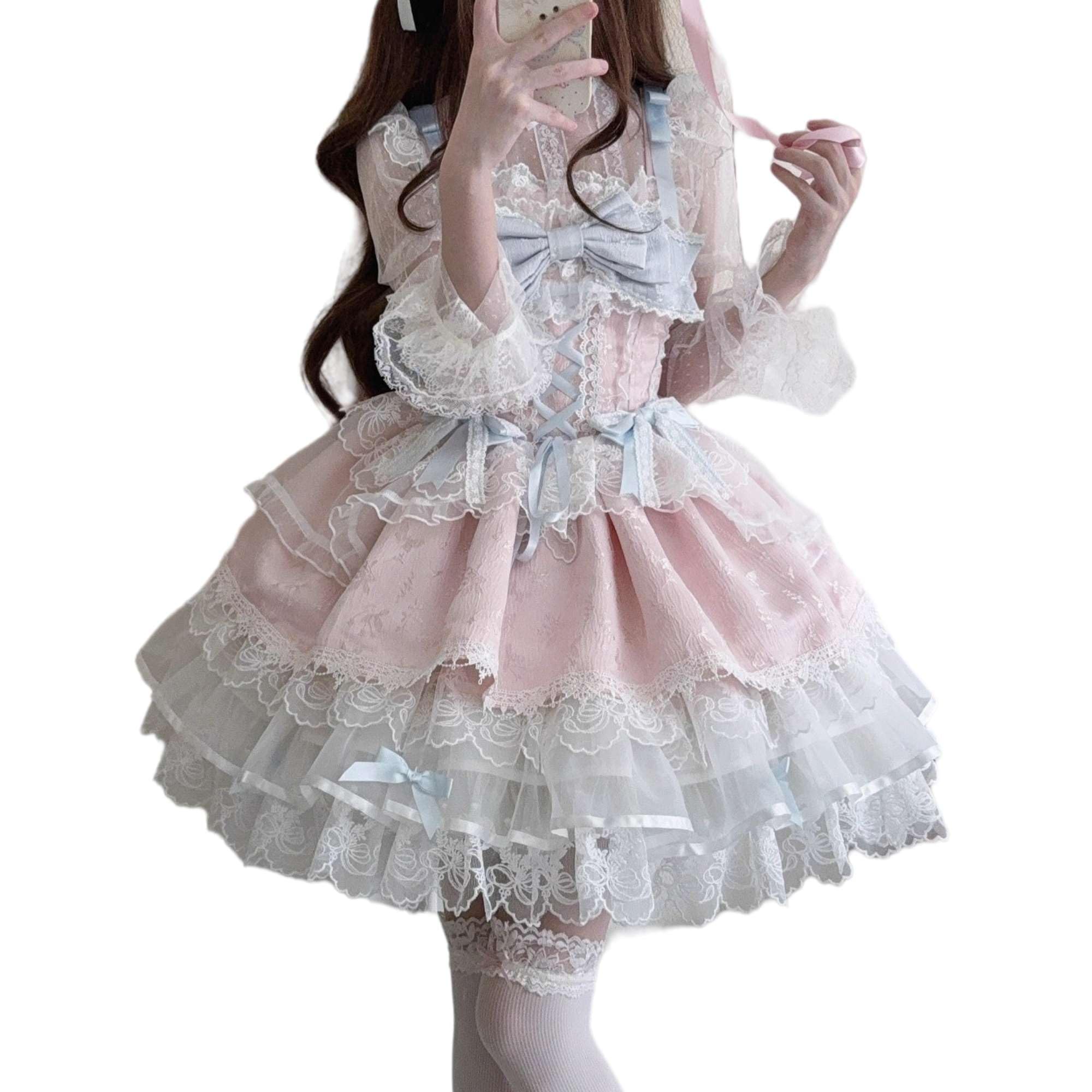 Robe de princesse Lolita sans manches pour adolescentes, style kawaii, en dentelle, à volants, style victorien, élégant