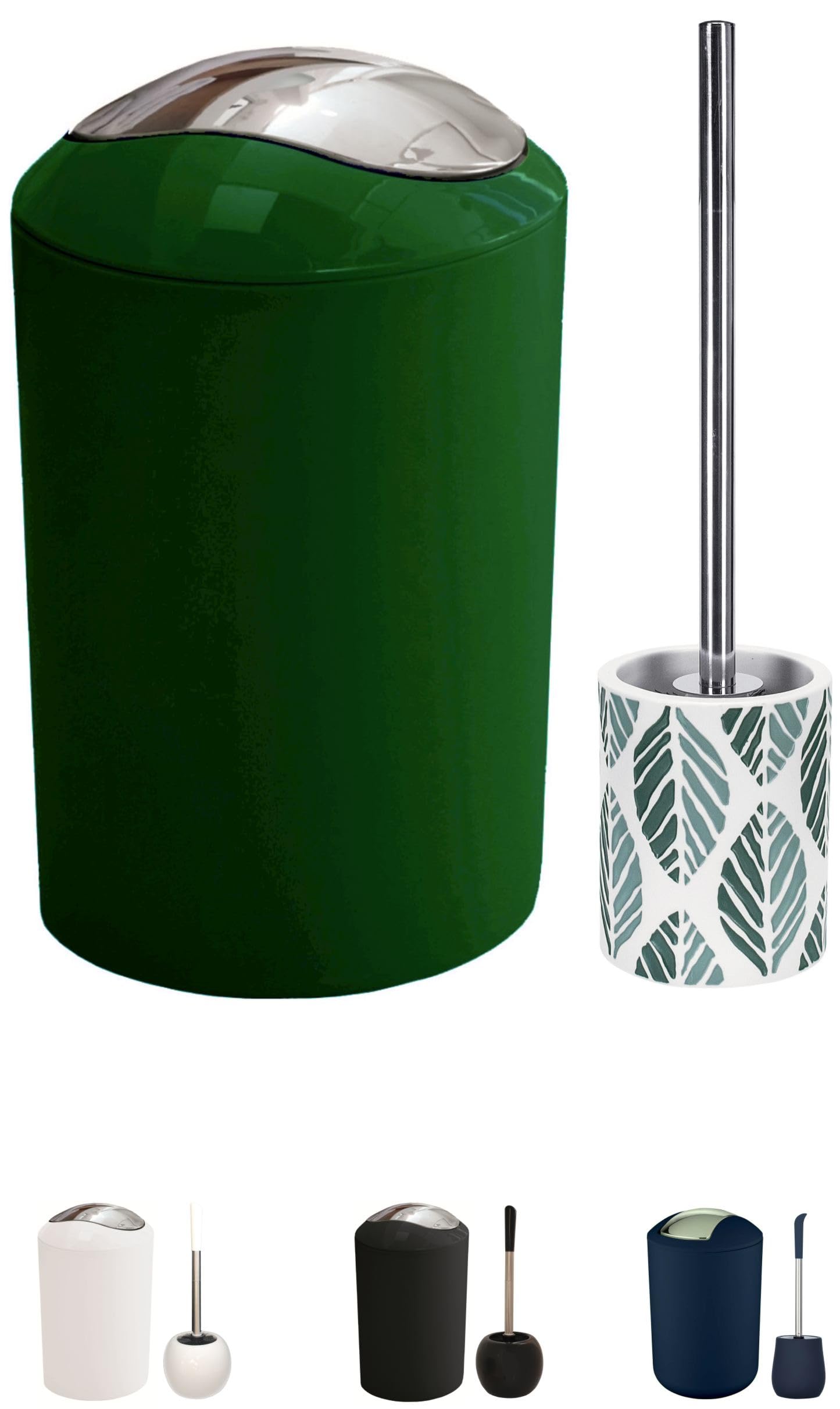 KW Ceramic Toilet Brush and High Grade Plastic Bathroom Swing Bin Set (Dark Green)