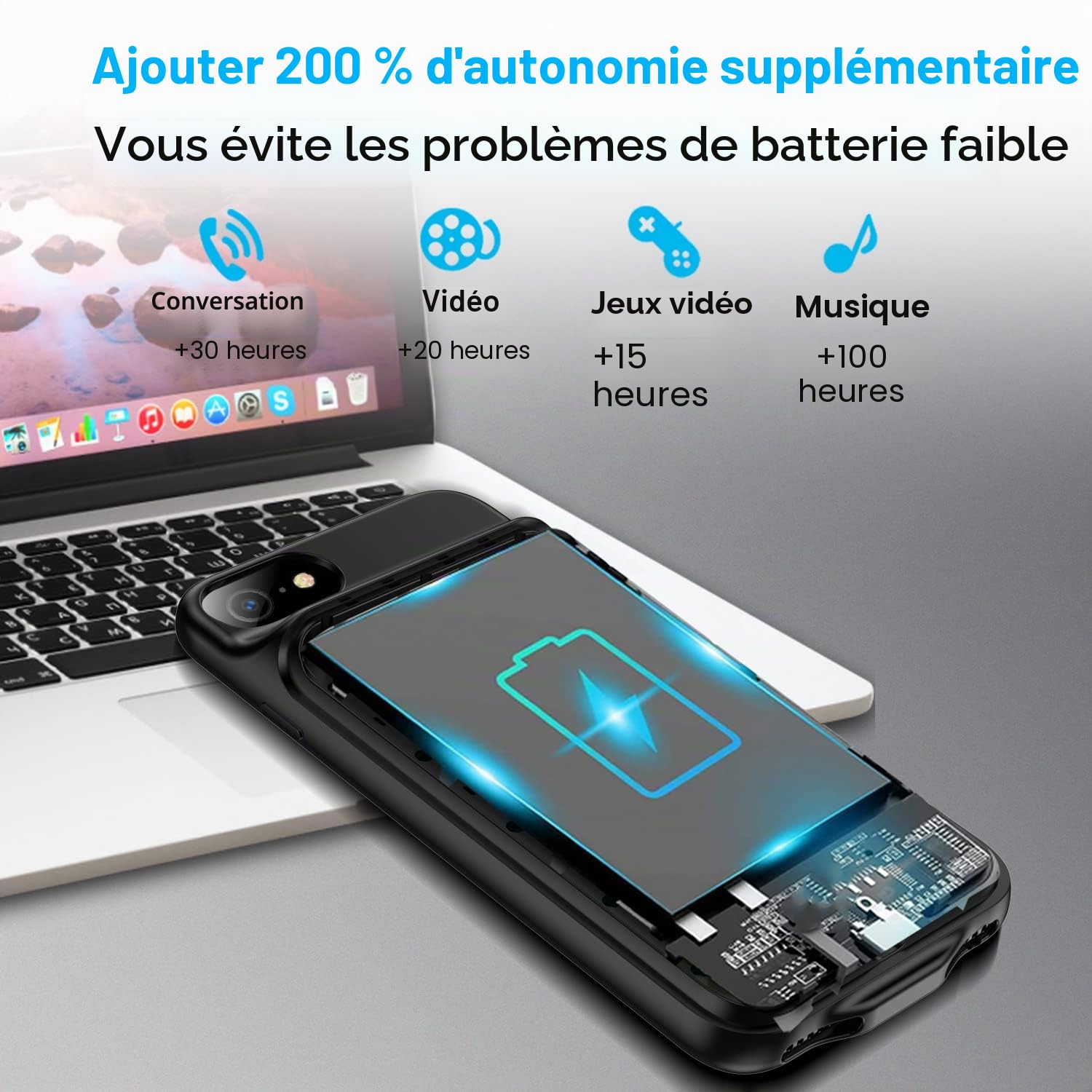 Coque de batterie pour iPhone 8/7/6S/6/SE 2020, 6800 mAh, étui de chargeur portable, batterie rechargeable, coque de chargement pour iPhone 6/6S/7/8/SE 2020 (4,7 pouces), noir