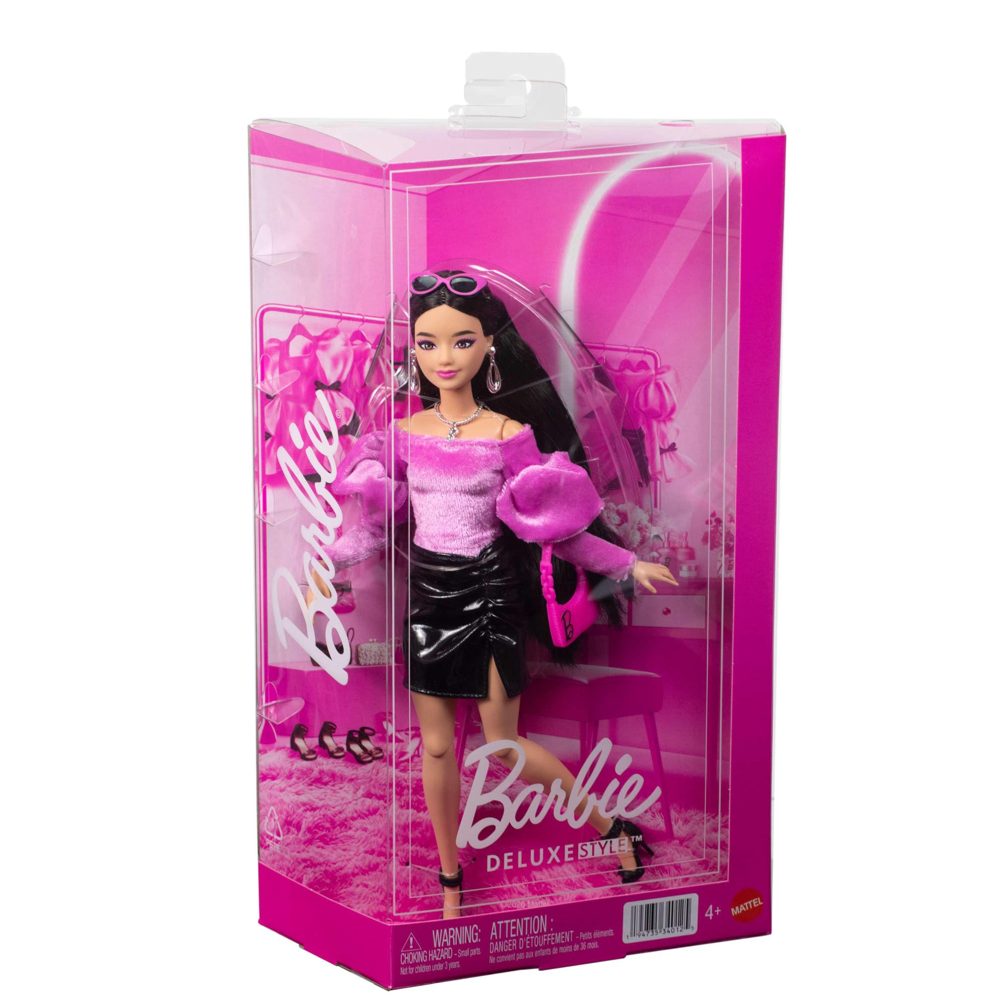 Barbie - Deluxe Style n. 13, bambola con top in velluto rosa in stile Barbiecore e maniche a sbuffo, minigonna in vinile nero, capelli neri, borsetta rosa e occhiali da sole coordinati, JJN76