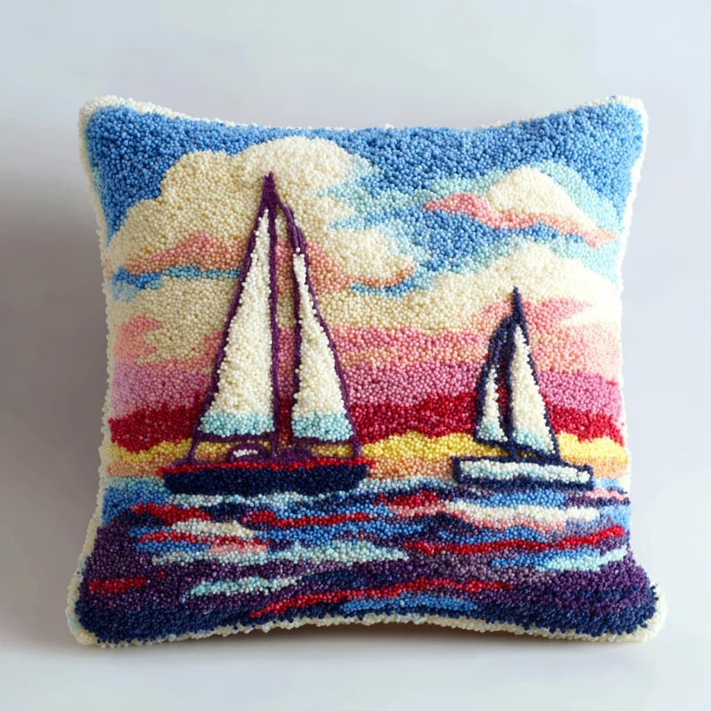Taxpy DIY Latch Hook Pillow Kits, Sailboats at sea Pillow Cover with Preprinted Throw Pillowcase Crochet Yarns Embroidery Latch Hooking Cushion 17x17inch