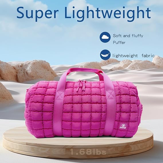 Quilted Gym Bag for Women,Duffle Bag for Travel with Wet Pocket,Carry on Weekender Bags for Women,Travel Bag with Shoe Compartment (Rose red)