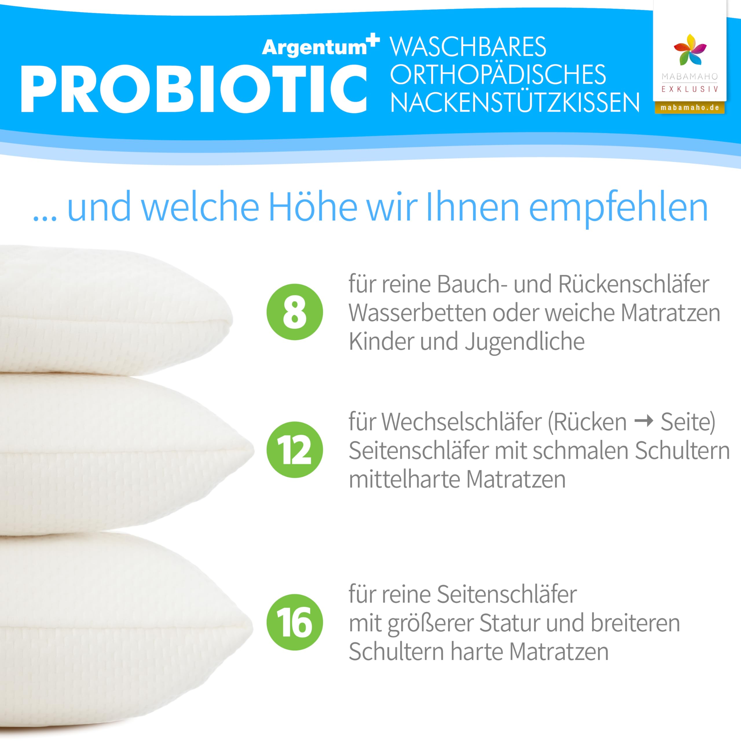 Probiotic Orthopädisches Nackenstützkissen mit Aloe Vera aus Memory Viscoschaum 40x80x8 cm Waschbar bis 40°C, inkl. 1x Innen & 1x Schutzbezug