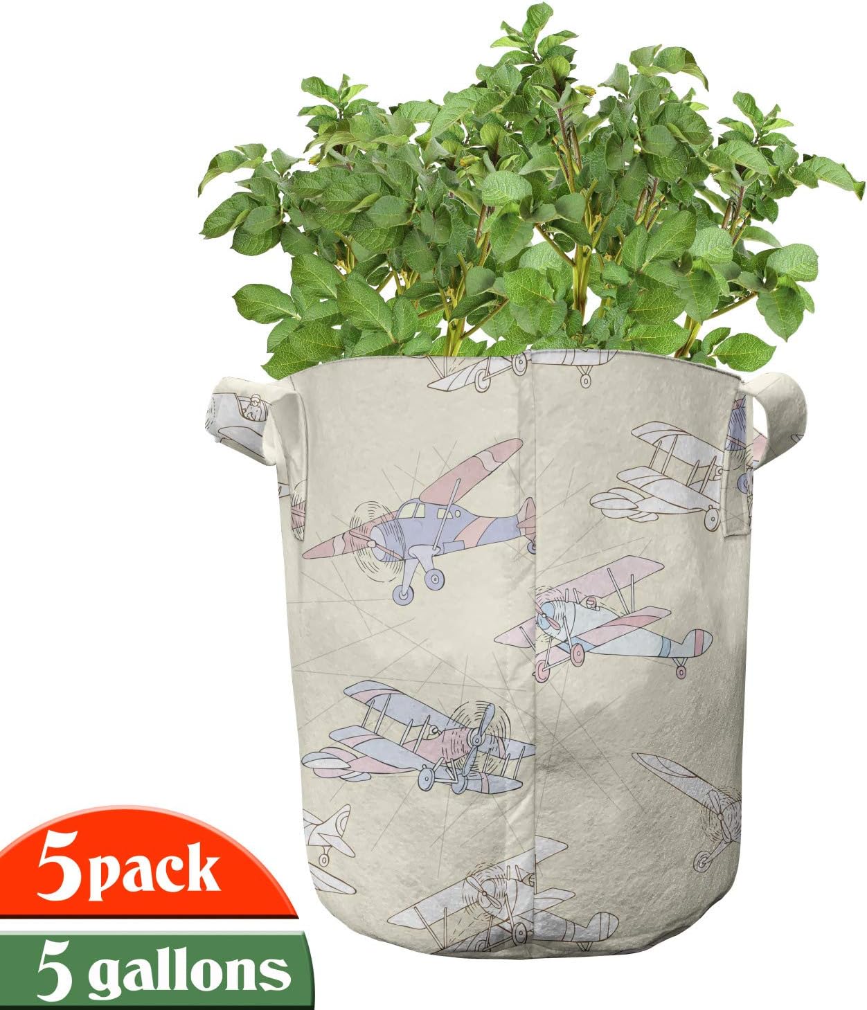 Lunarable Vintage Airplane Grow Bags 5-Pack, Sketch Propeller, Heavyduty Fabric Pots with Handles for Plants, 5 Gallon, Multicolor