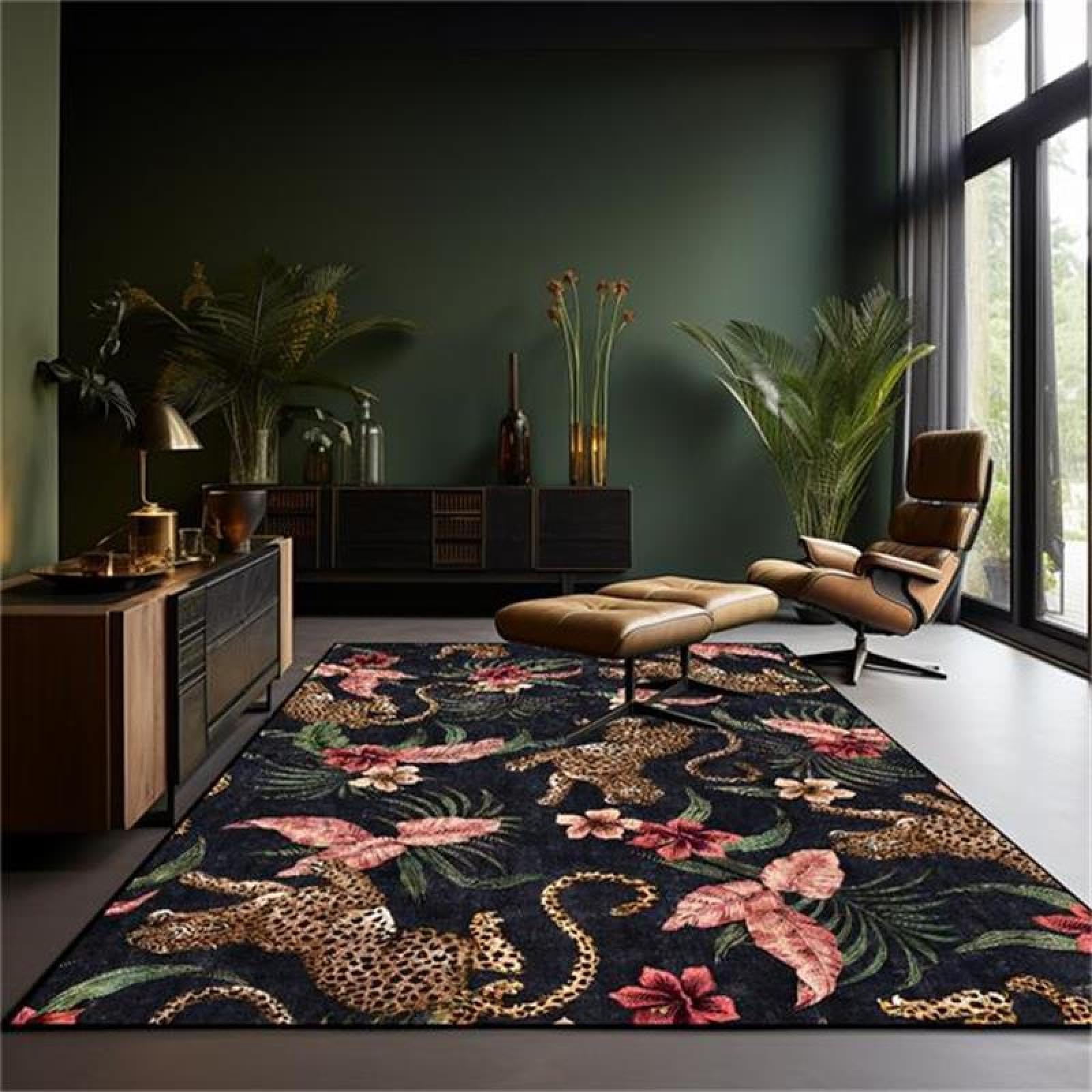 Tapis grand salon léopard floral moderne noir poil ras 160x230 cm antidérapant