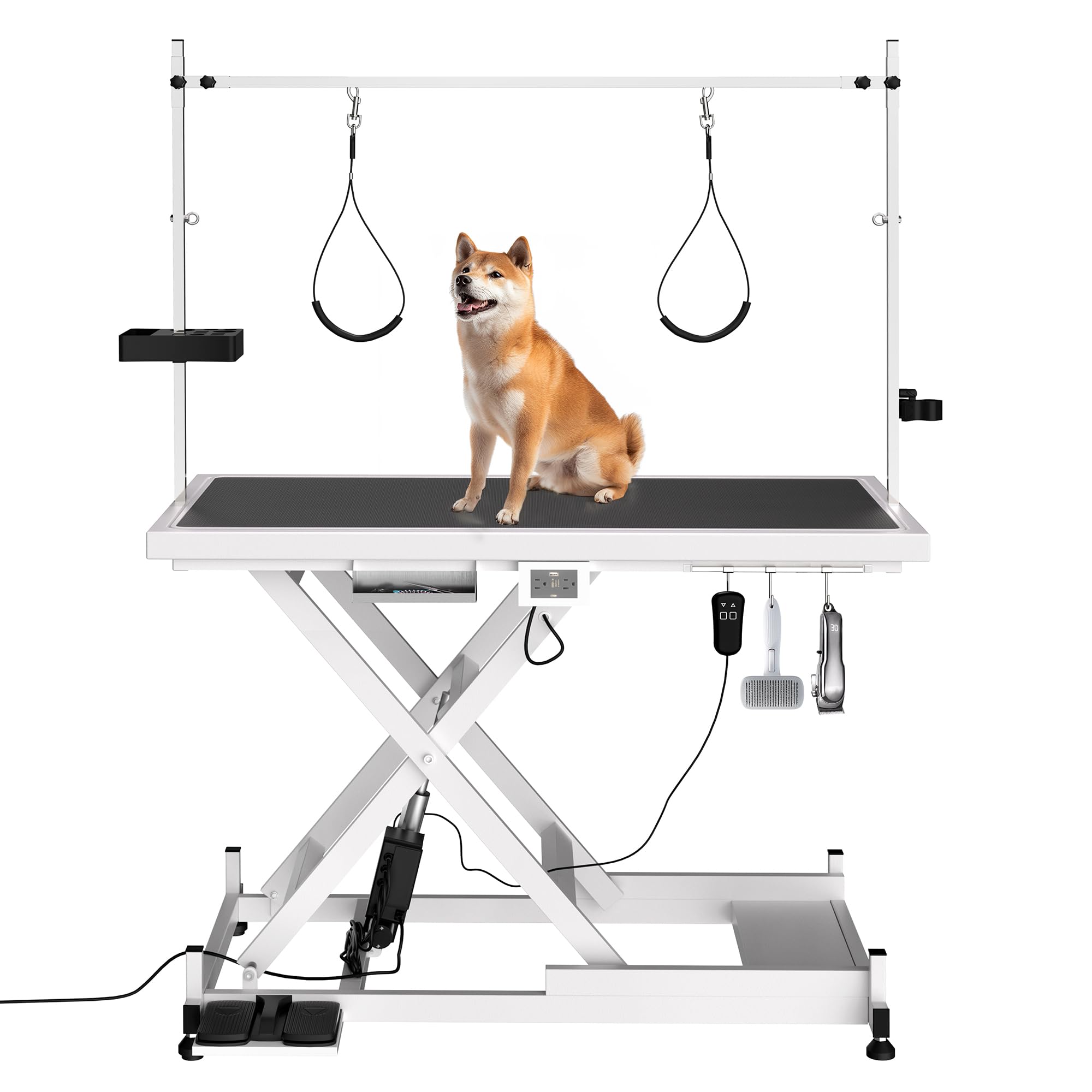 Electric Dog Grooming Table for Large Dogs - Professional Heavy Duty Height Adjustable Home Indoor Pet Grooming Station with Grooming Arm, Anti Slip Tabletop & Tool Organizer, 50''/White