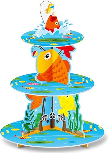 Decoración para tartas de fiesta de pesca, 3 niveles, soporte para cupcakes de pesca con diseño de bobber Gone Ofishally, un soporte para pastel de