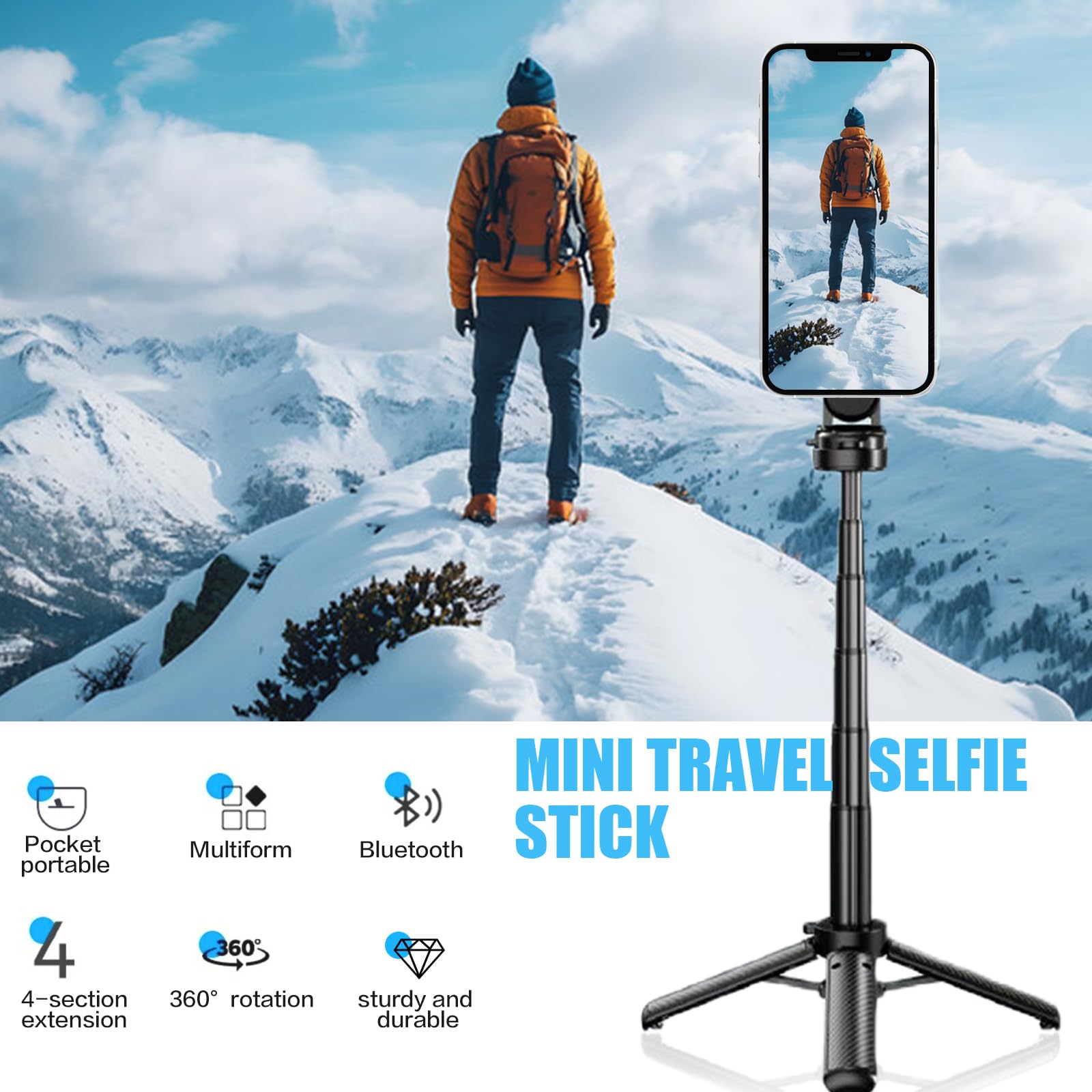 Chiavetta per selfie multifunzione 4 in 1 con rotazione a 360°, bastone per selfie magnetico, mini treppiede con telecomando senza fili, supporto per cellulare per iPhoneAndroid