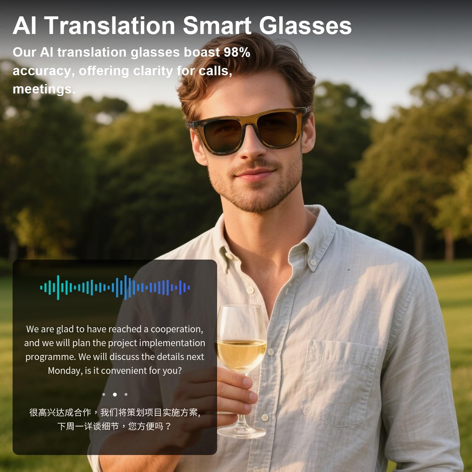 AI Smart Glasses with ChatGPT – Real-Time Translation in 165+ Languages, Open-Ear Bluetooth Glasses for Men Women, Outdoor Mode, UV400 Smart Sunglasses with Auto On/Off - Brown