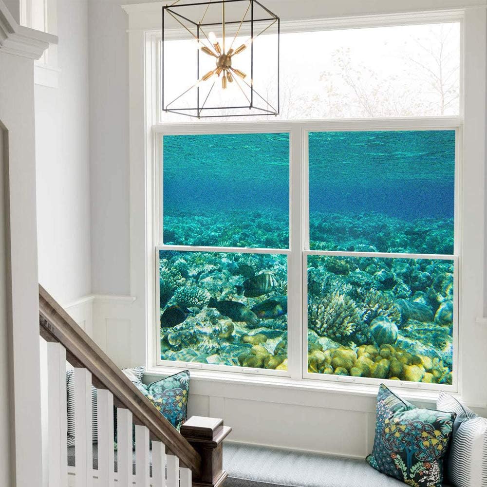 Privacy Window Film No Glue Window Cling Self Adhesive Static Cling Window Film Vinyl Glass Decorative Frosted Glass Sticker Under Water Ocean Pattern 60x200cm(23.6"x78.74")